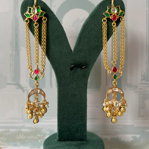 Ruby and emerald kundan jhumar chain earrings with triple gold chains and crescent chandbali with pearl fringe
