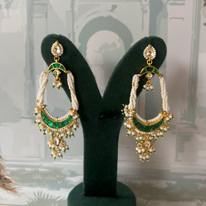 Emerald chandbali earrings with kundan stud, triple seed pearl strands and green crescent with pearl fringe