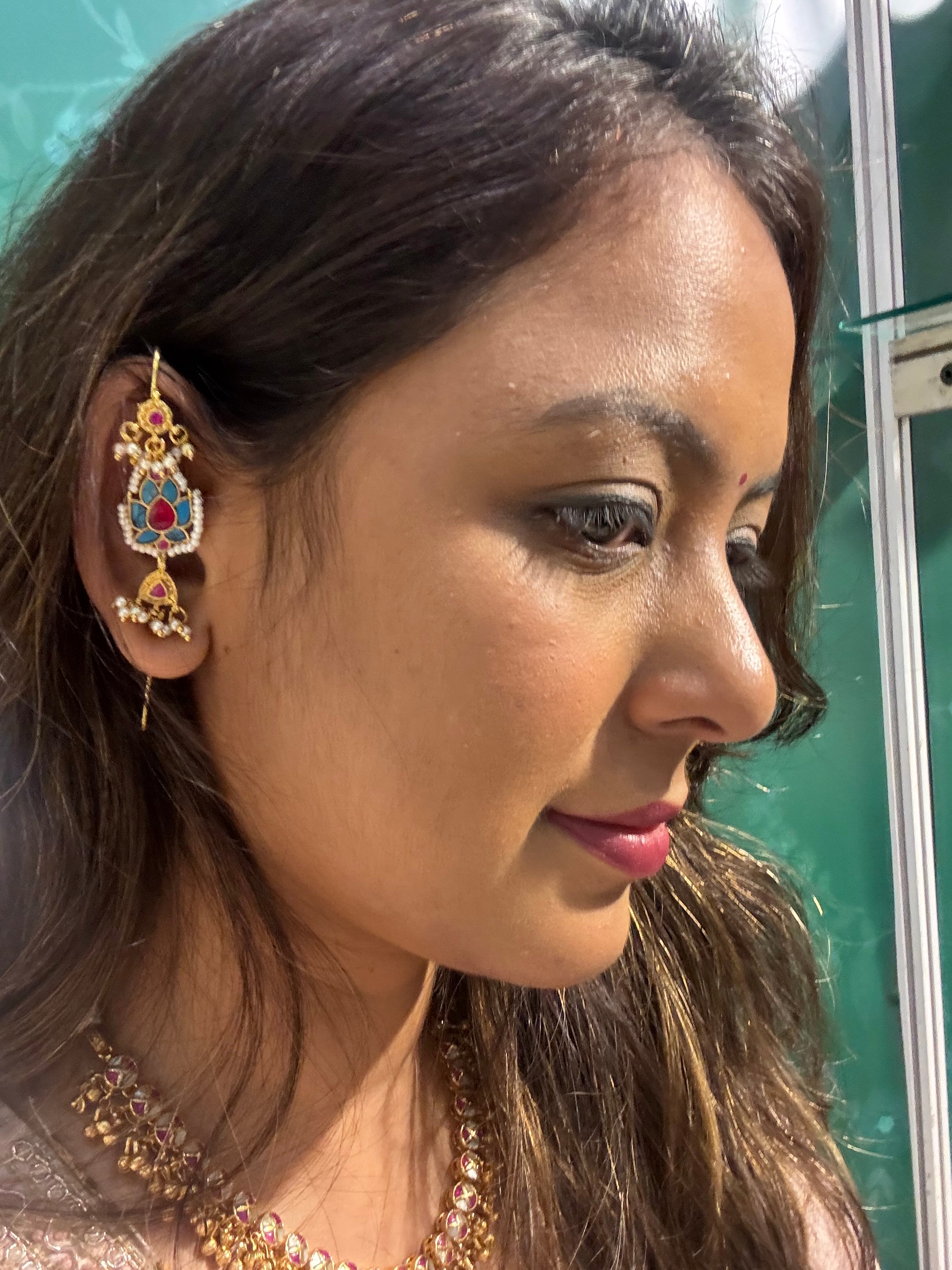 Firoza and Pink Ear Pin | Gold Paisley Ear Cuff with Seed Pearl Fringe