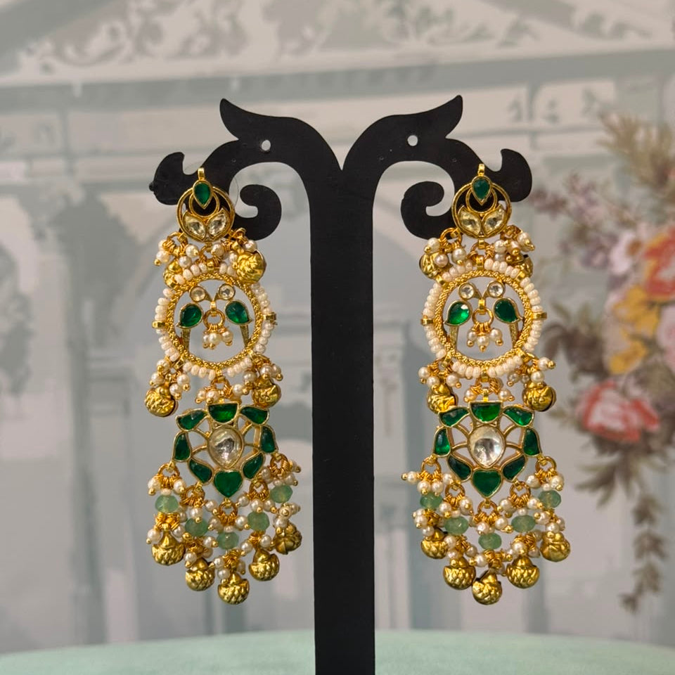 Emerald Kundan Chandbali Earrings | Layered Pearl & Gold Bead Drop Earrings