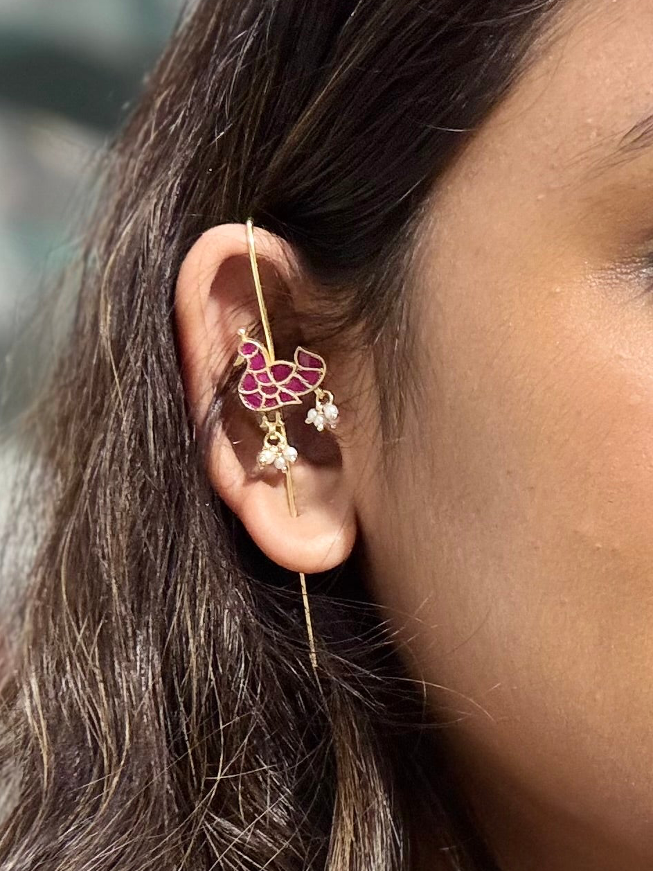 Pink Stone Peacock Ear Pins | Gold Ear Cuff with Seed Pearl Clusters