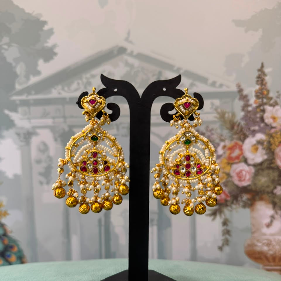 Pearl Chandbali Earrings | Ruby Kundan & Gold Ghungroo Drop Earrings