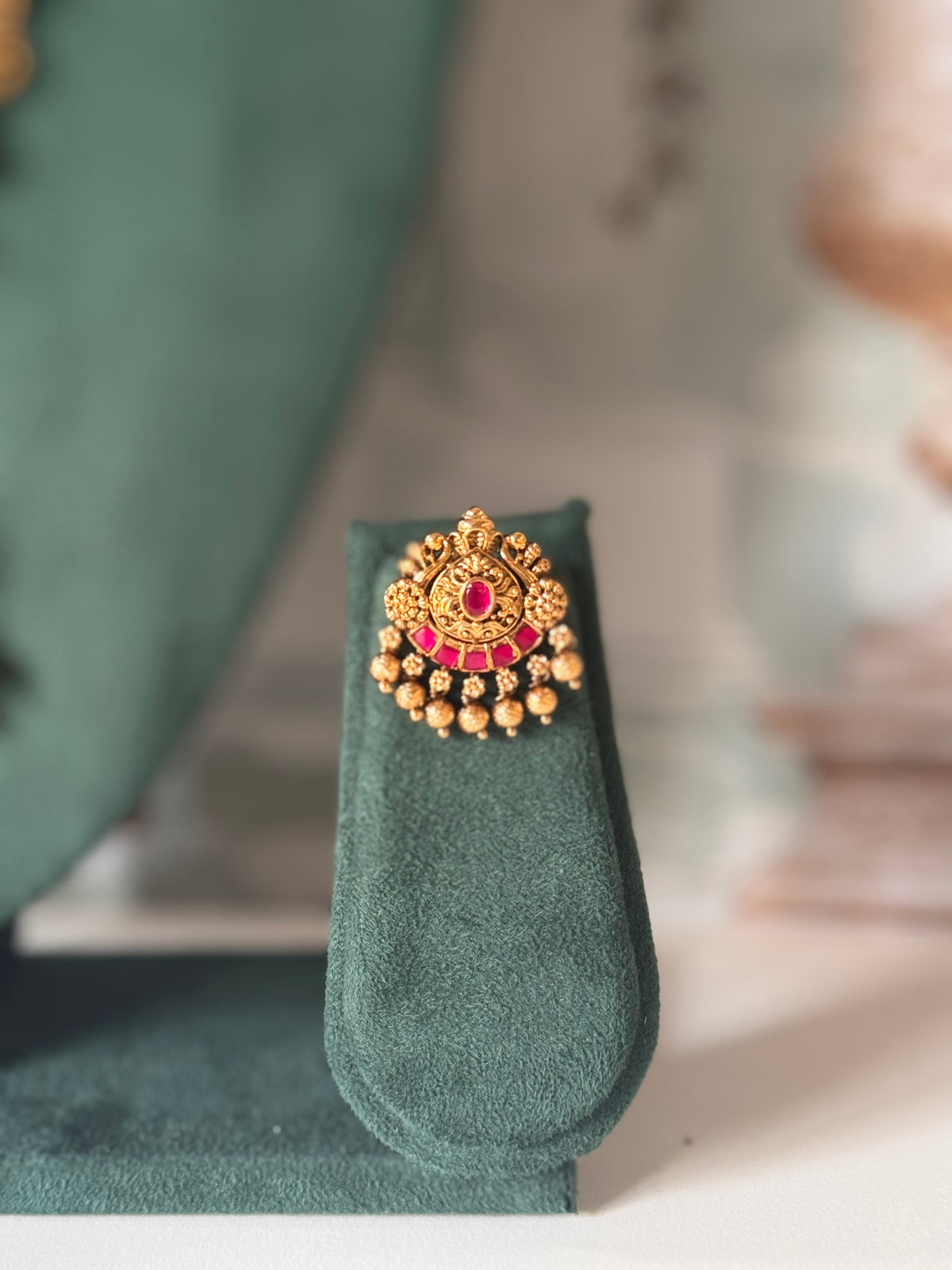 Antique Gold Temple Long Necklace Set | Pink Stone Pendant with Earrings