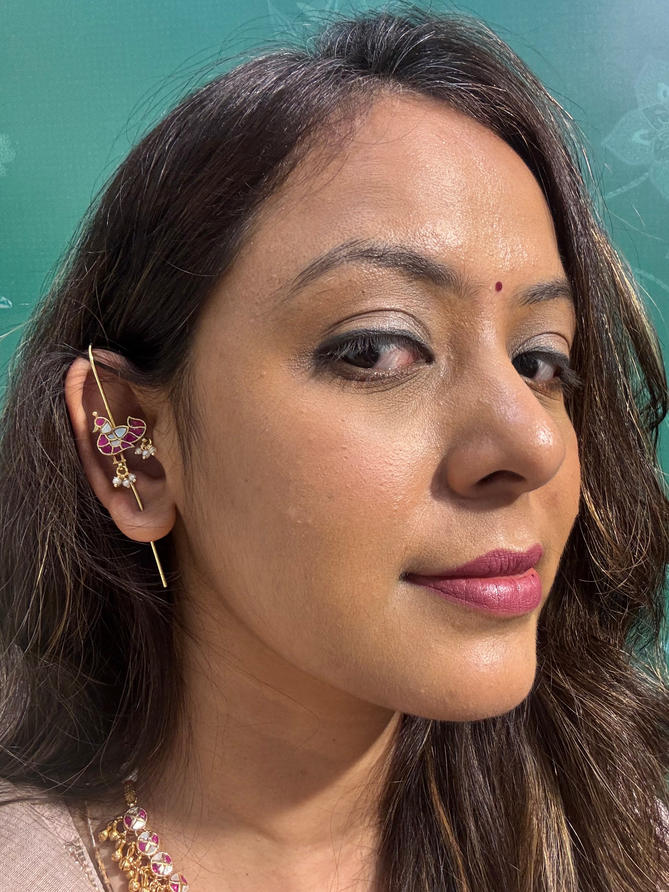 Pink and White Peacock Ear Pins | Gold Ear Cuff with Mother of Pearl Inlay