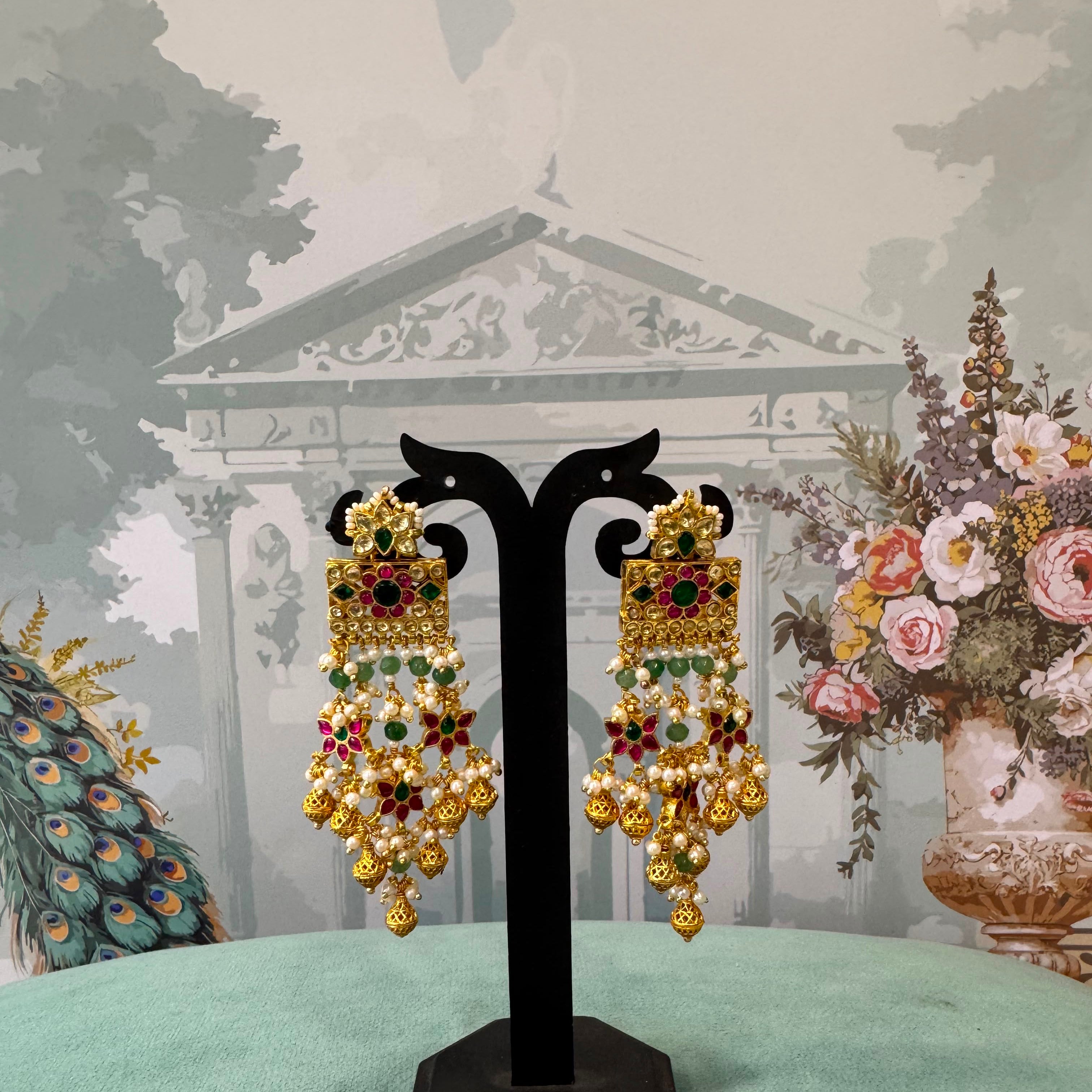 Multi-Tier Jadau Chandelier Earrings | Ruby-Emerald Pearl Cascade Earrings