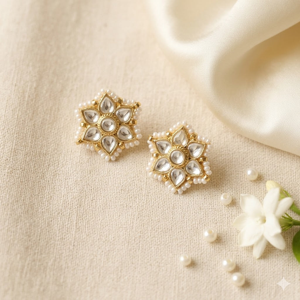 Kundan Polki Floral Stud Earrings with Pearl Border
