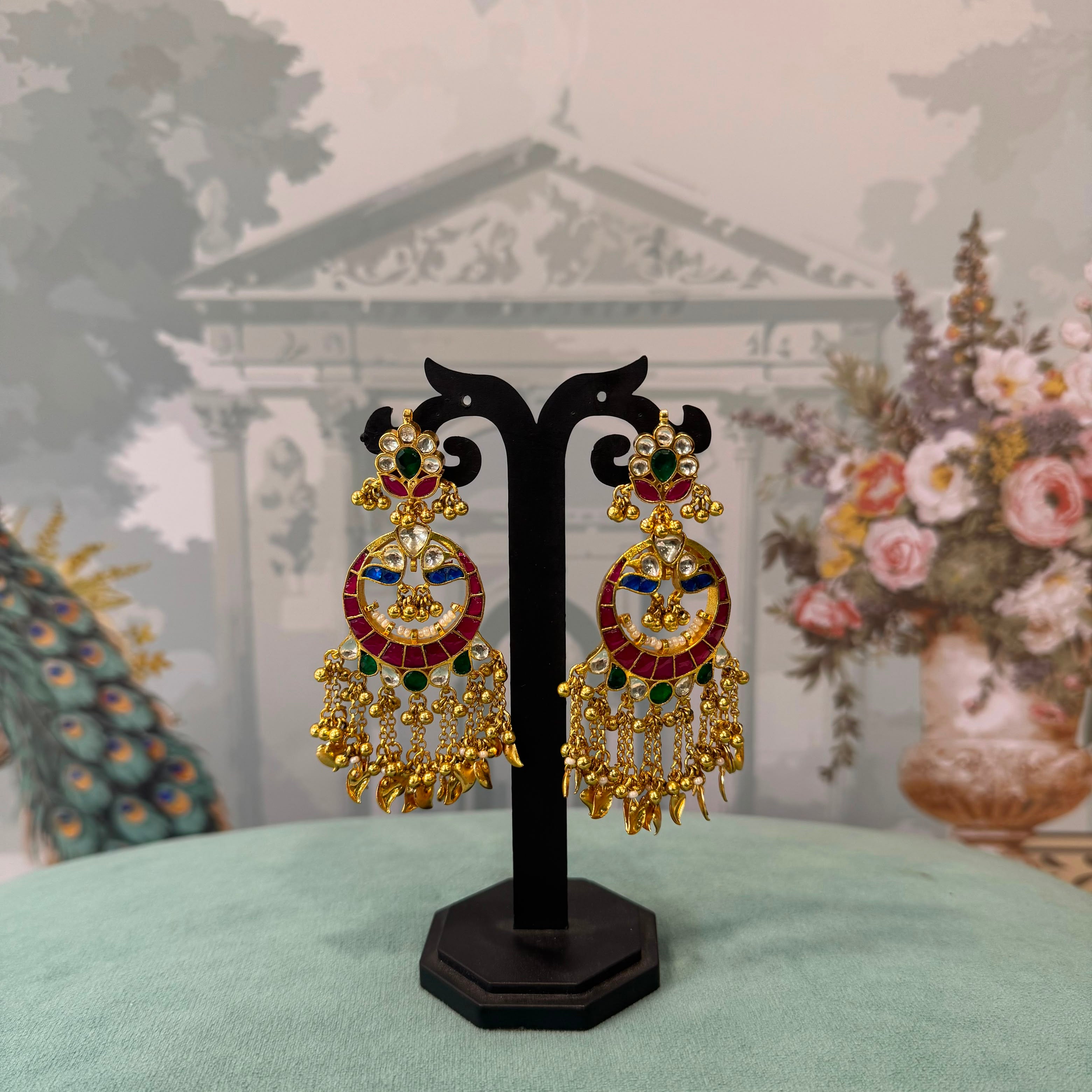 Meenakari Chandbali Earrings | Ruby, Blue & Emerald Enamel Drop Earrings