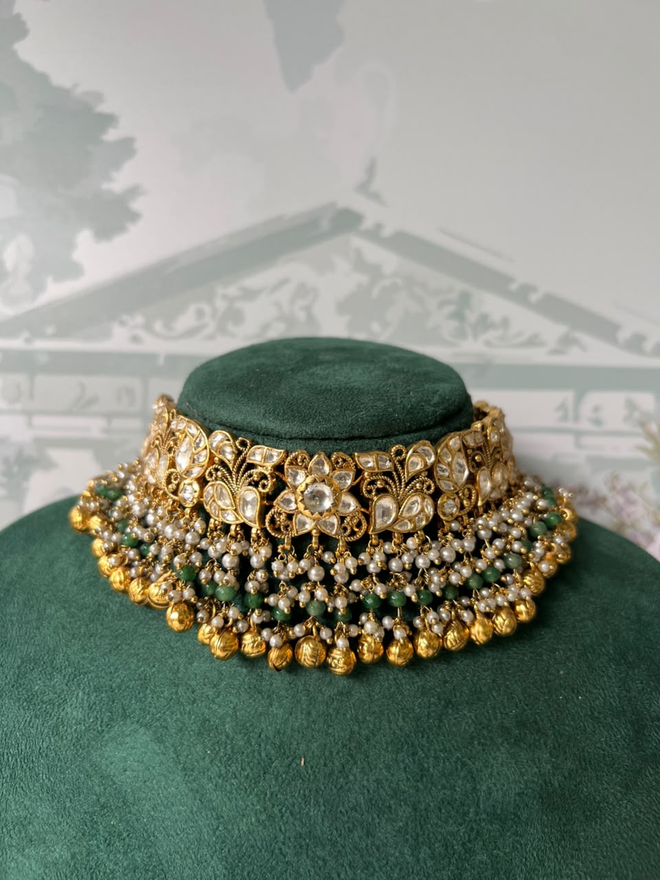 Antique Gold Floral Peacock Choker Set | Ruby-Emerald Kundan Jhumka Necklace