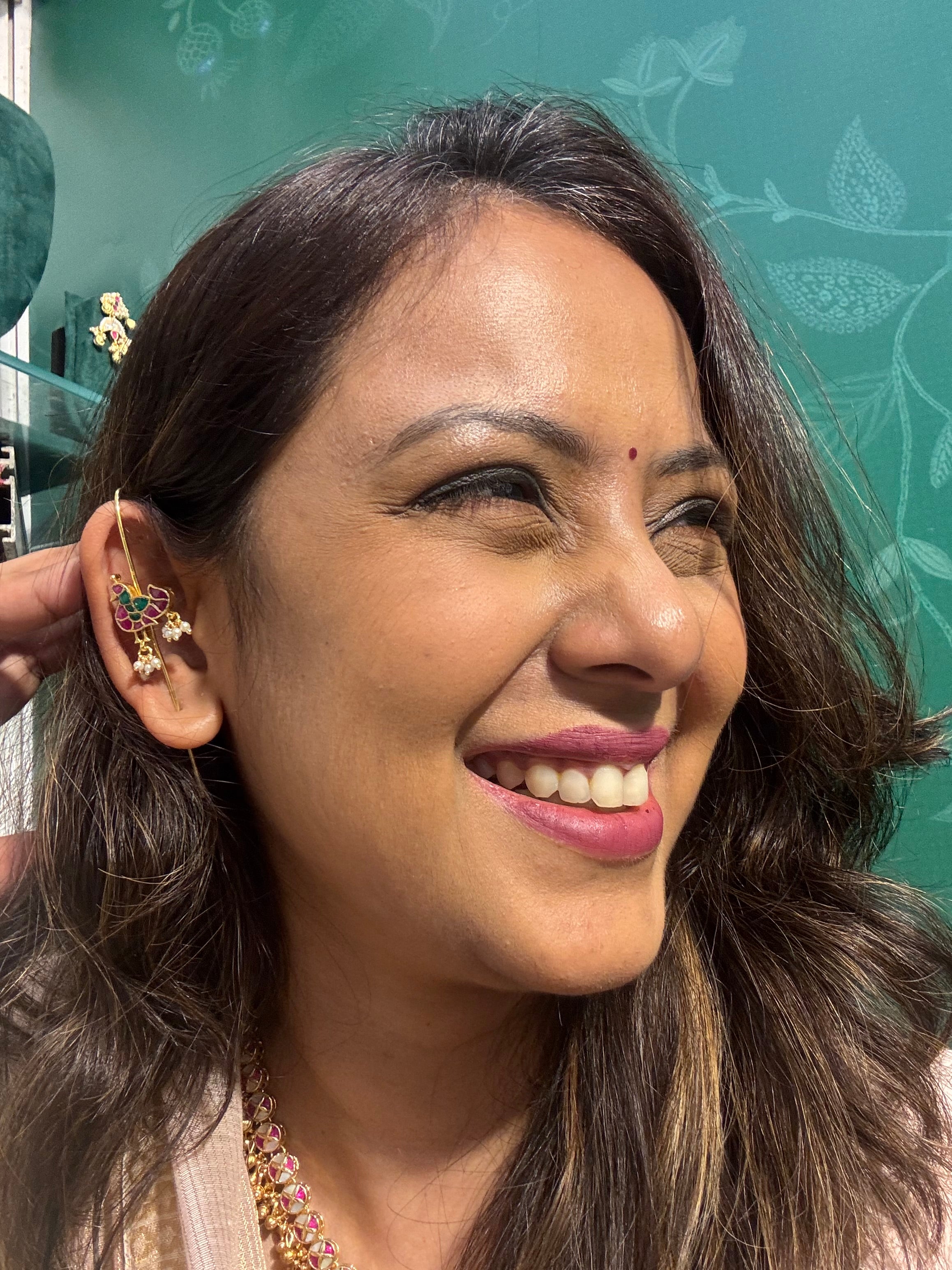 Pink and Green Peacock Ear Pins | Gold Ear Cuff with Seed Pearl Drops