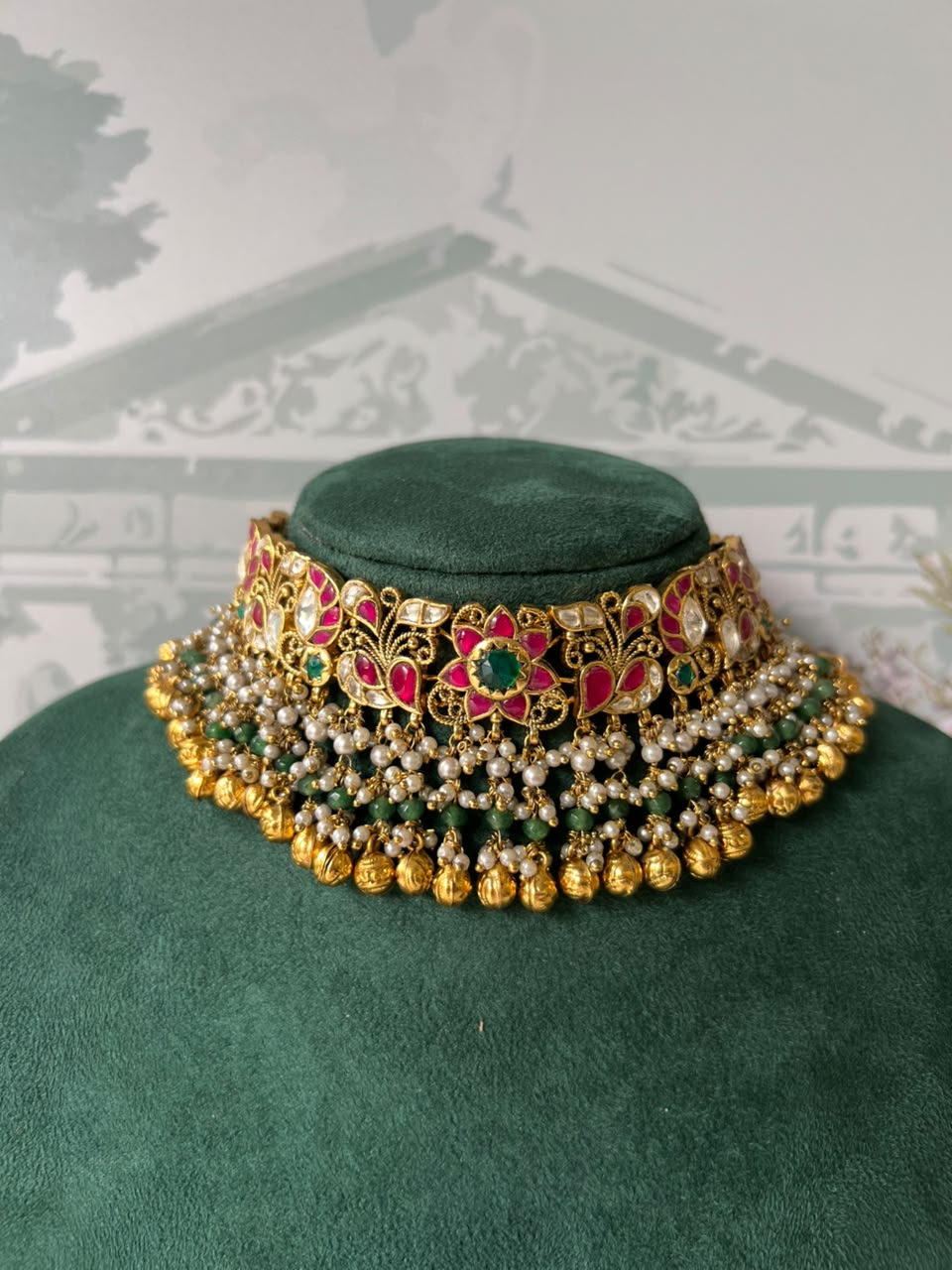 Antique Gold Floral Peacock Choker Set | Ruby-Emerald Kundan Jhumka Necklace