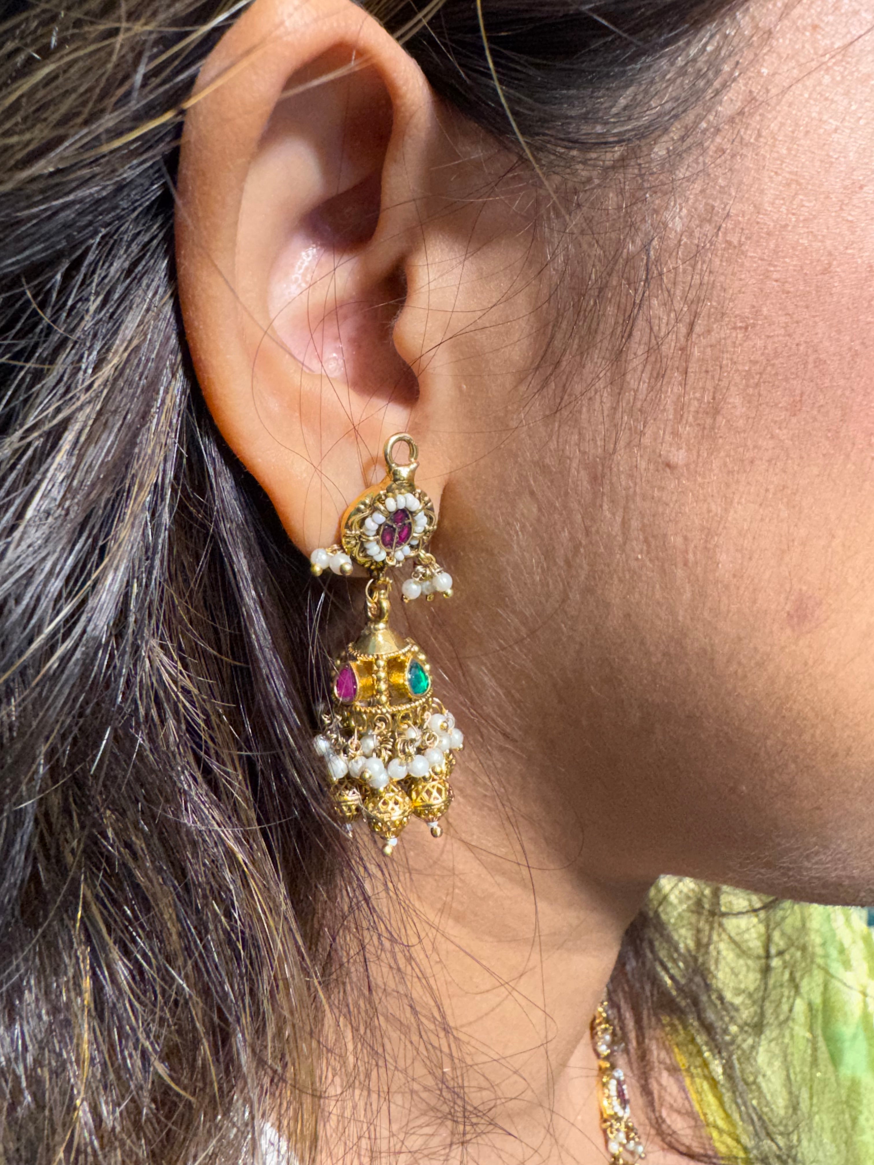 Rani Pink and Green Kundan Necklace Set | Antique Gold Pendant with Jhumkas