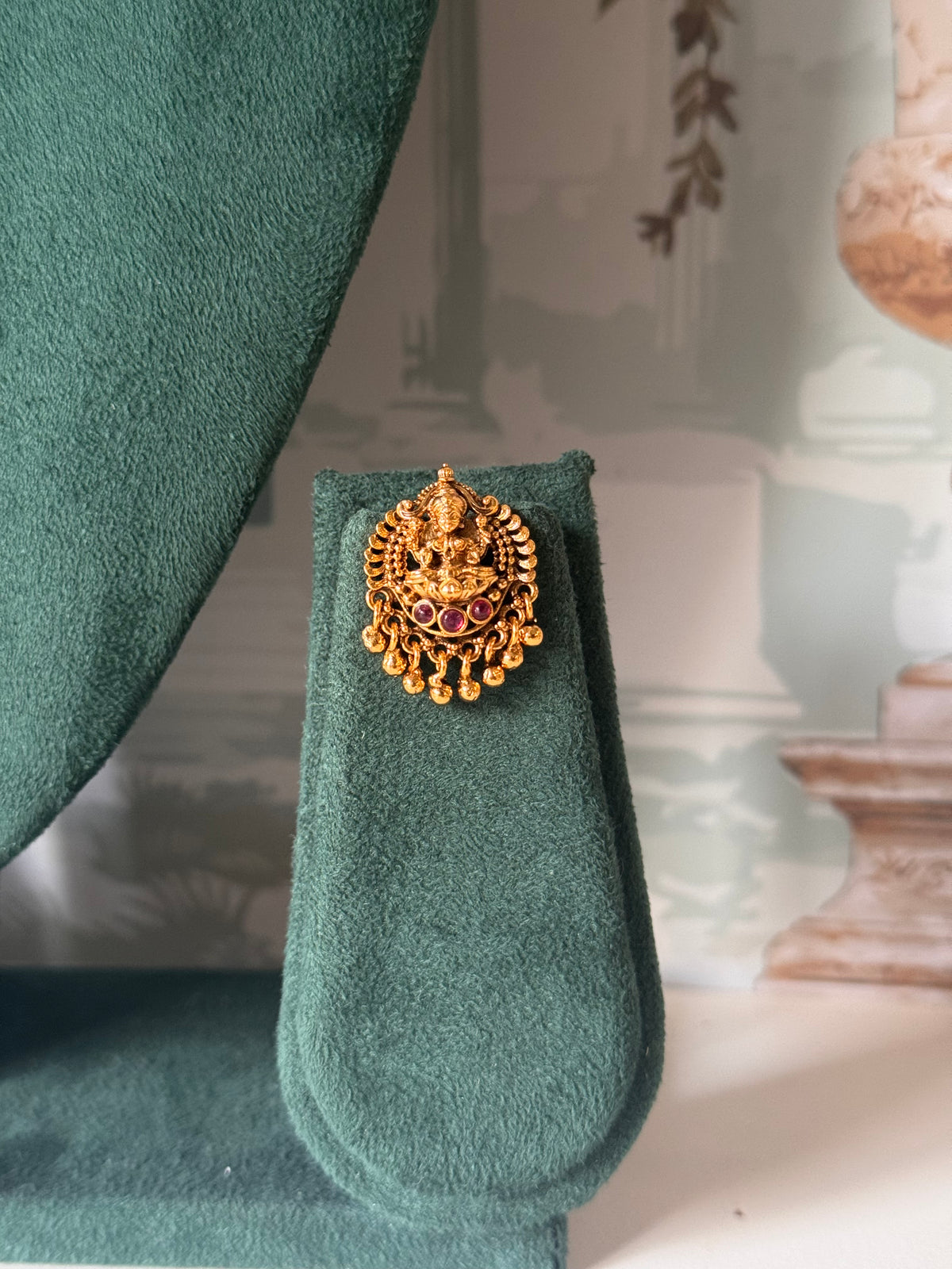 Antique Gold Lakshmi Temple Choker Set | Red Stone Medallions with Earrings