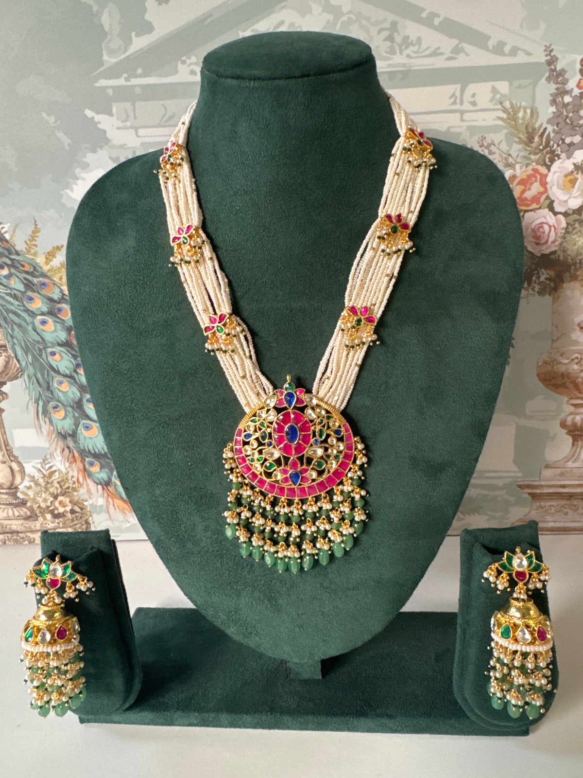 Ruby & Green Jadau Kundan Pearl Haar Set | Medallion Pendant & Jhumkas