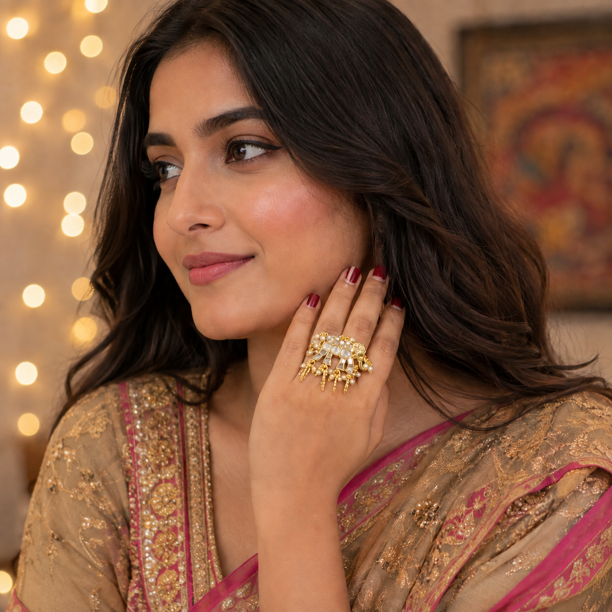 Gold Elephant Ring | Jadau Inlay with Seed Pearl Fringe