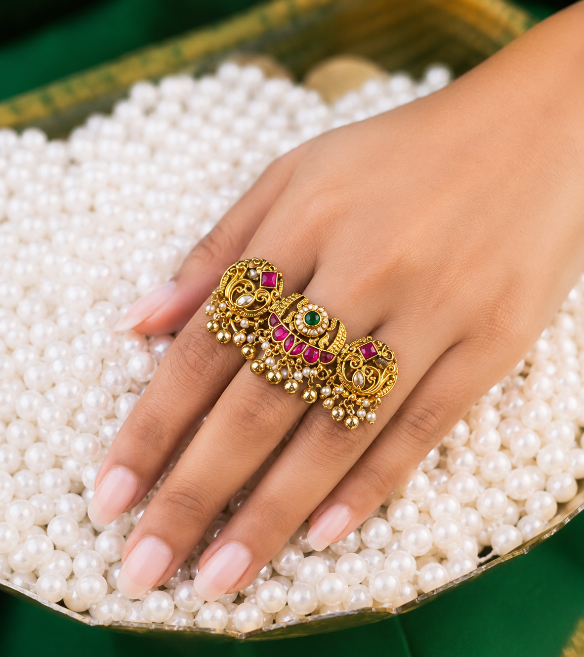 Antique Gold Trinity Ring | Long Ruby-Emerald Kundan Statement Ring