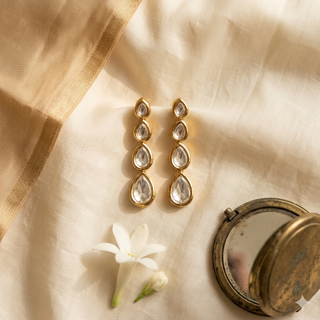 Saanjh Polki (AC Kundan) Drop Earrings — Graduated Teardrop