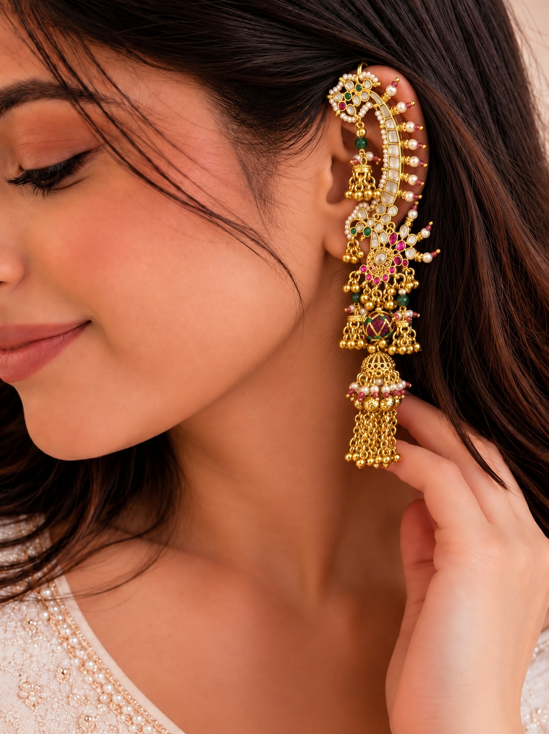 White Kundan Jhumka Ear Cuff | Gold Ear Climber with Pearl Fan and Tassels