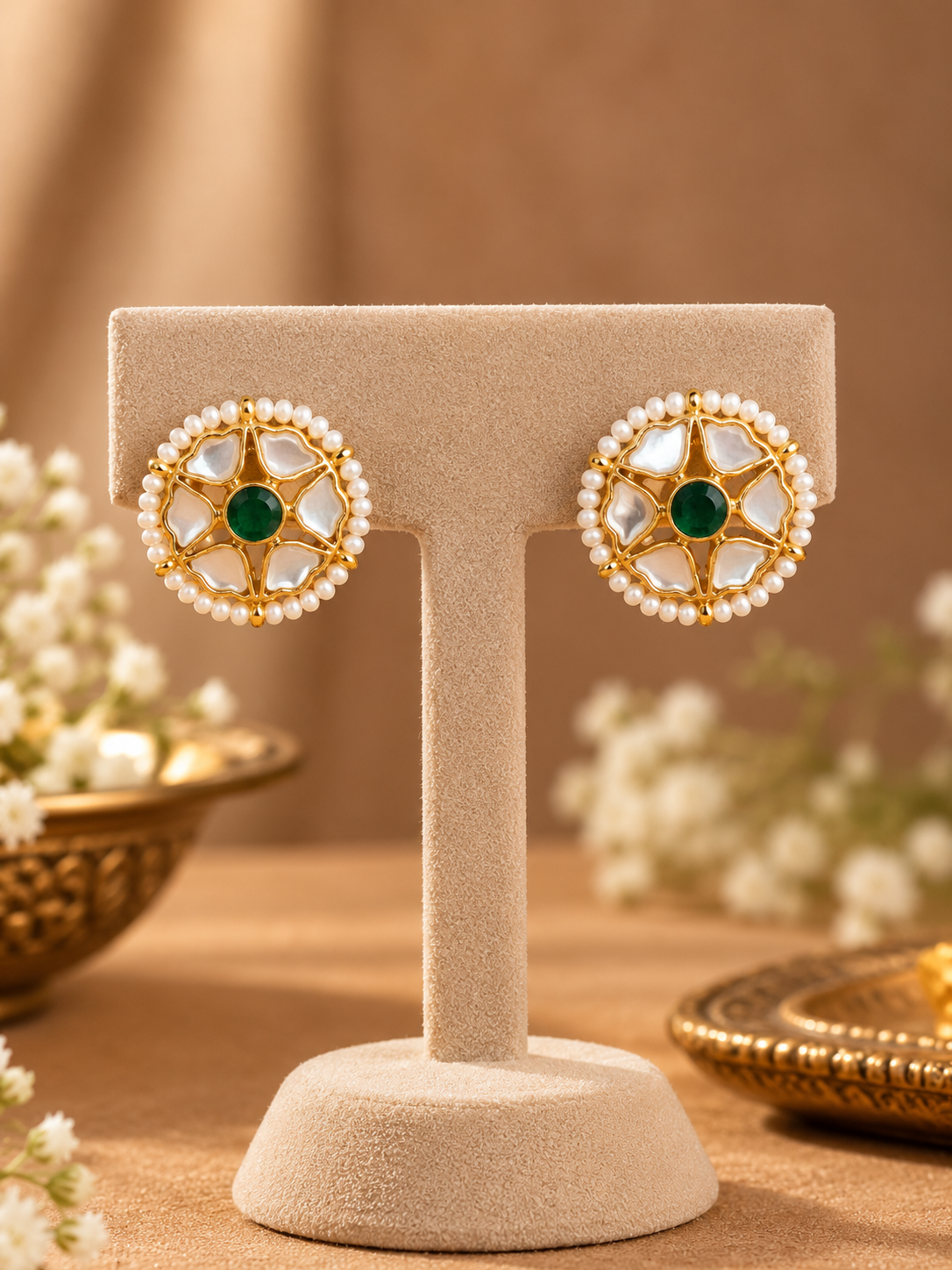 Green and Mother of Pearl Jadau Studs | Round Gold Studs with Pearl Border