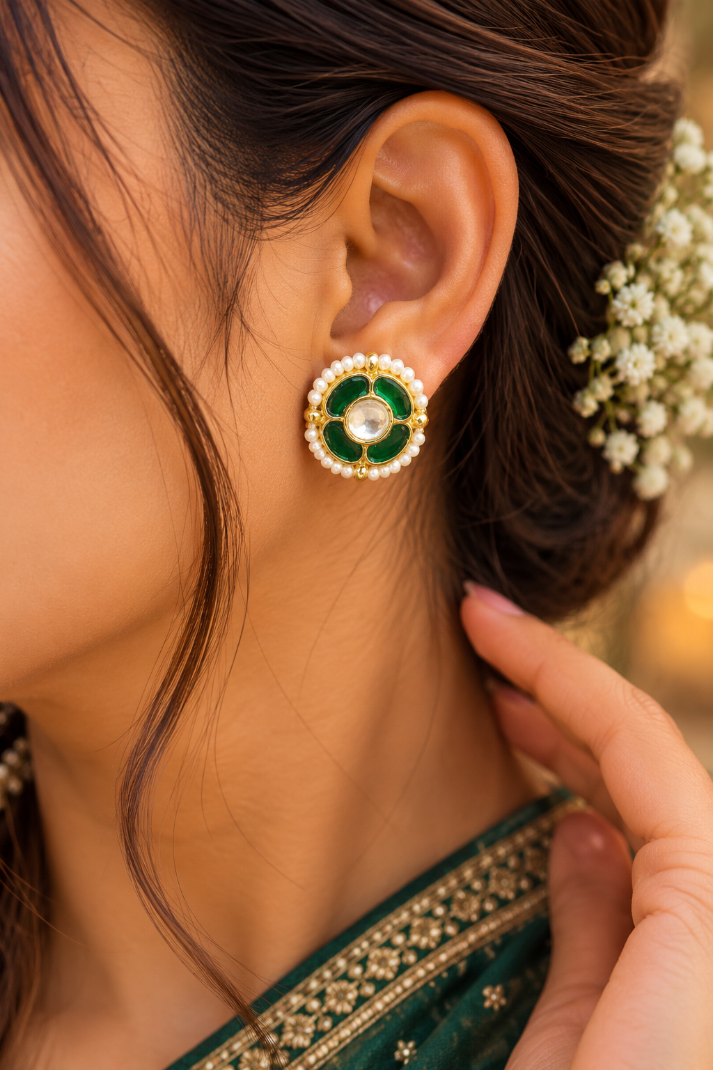Green Jadau Kundan Flower Studs | Round Gold Studs with Seed Pearl Border