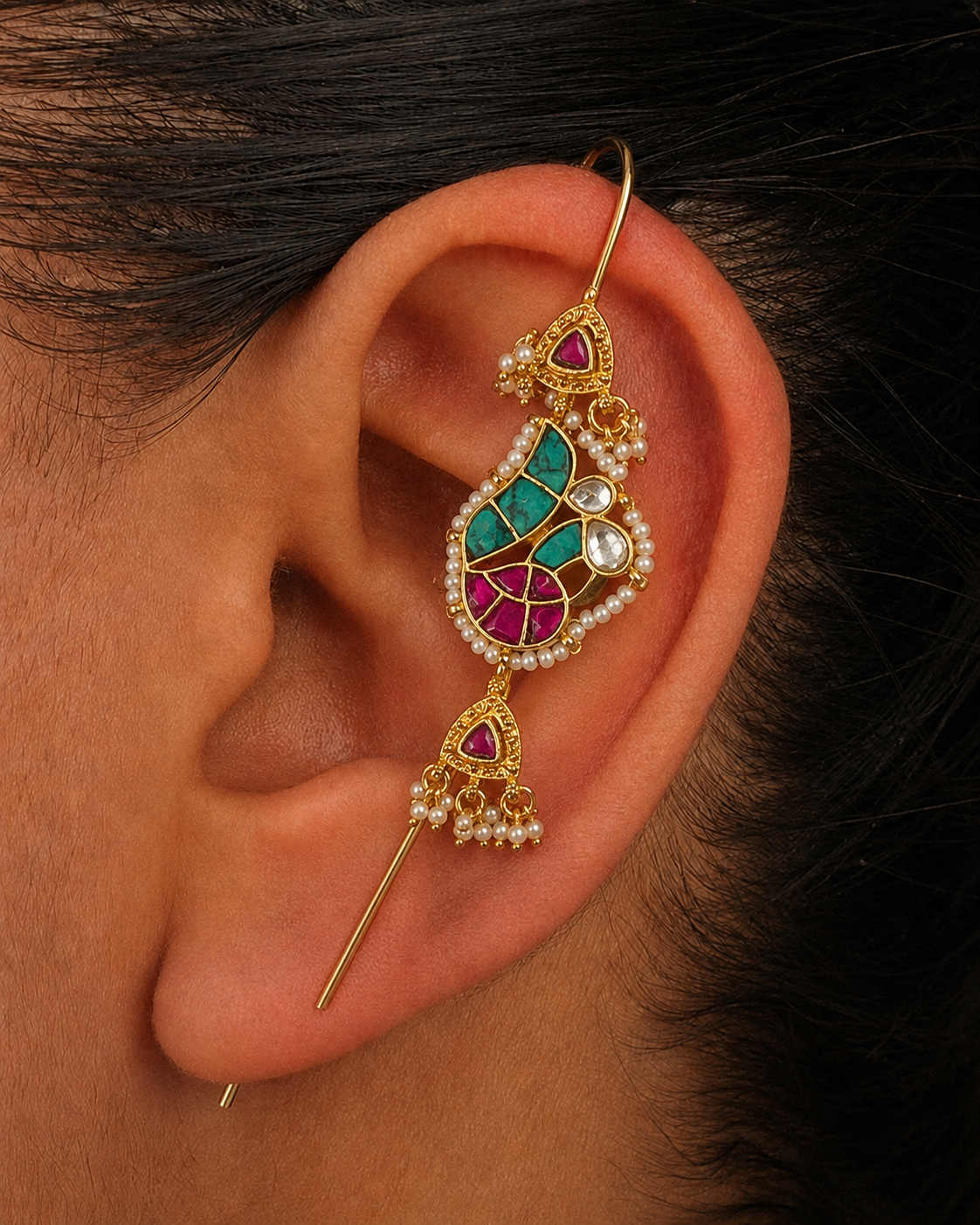 Handcrafted Gold-Plated Ear Cuff with Pearl Beading and Kundan Stone Detail