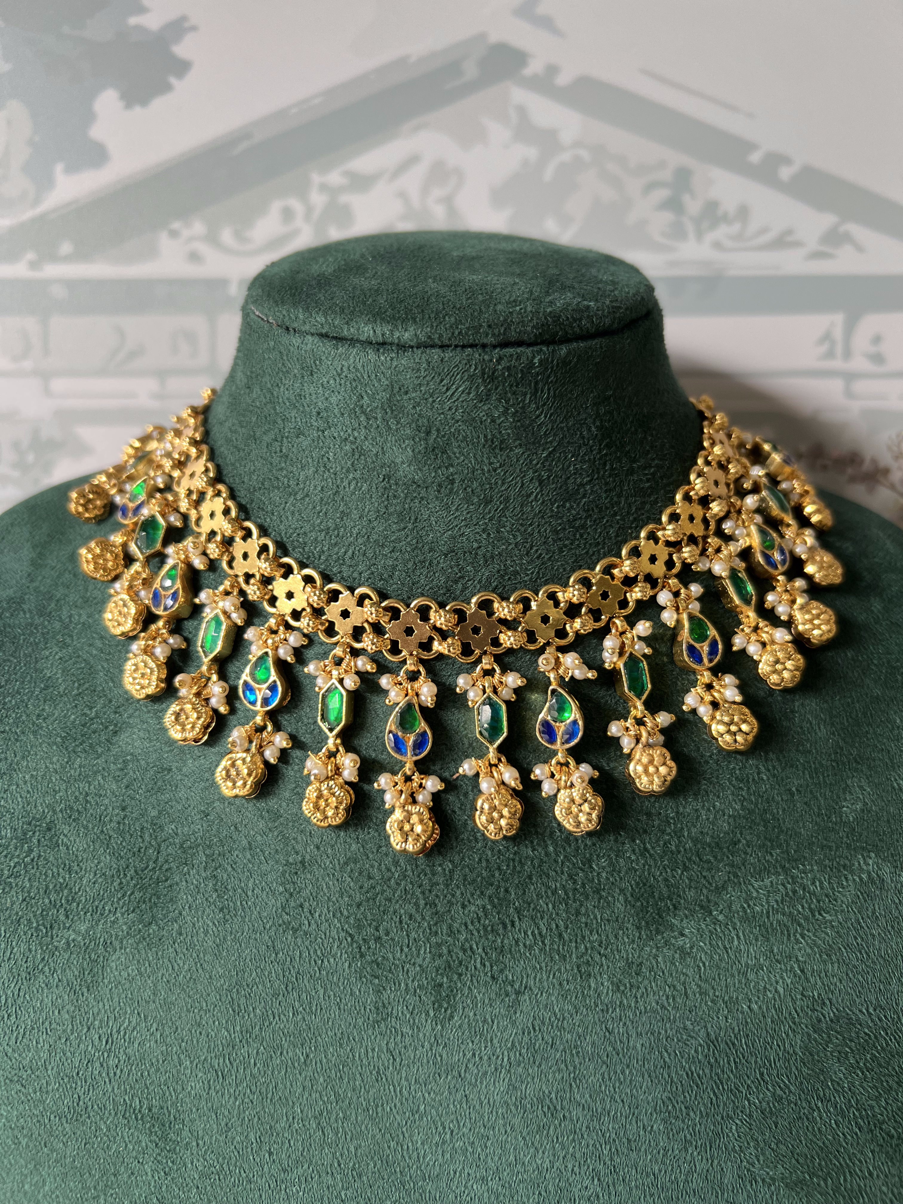 Antique Gold Floral Link Necklace Set | Emerald-Sapphire Drop Fringe Necklace