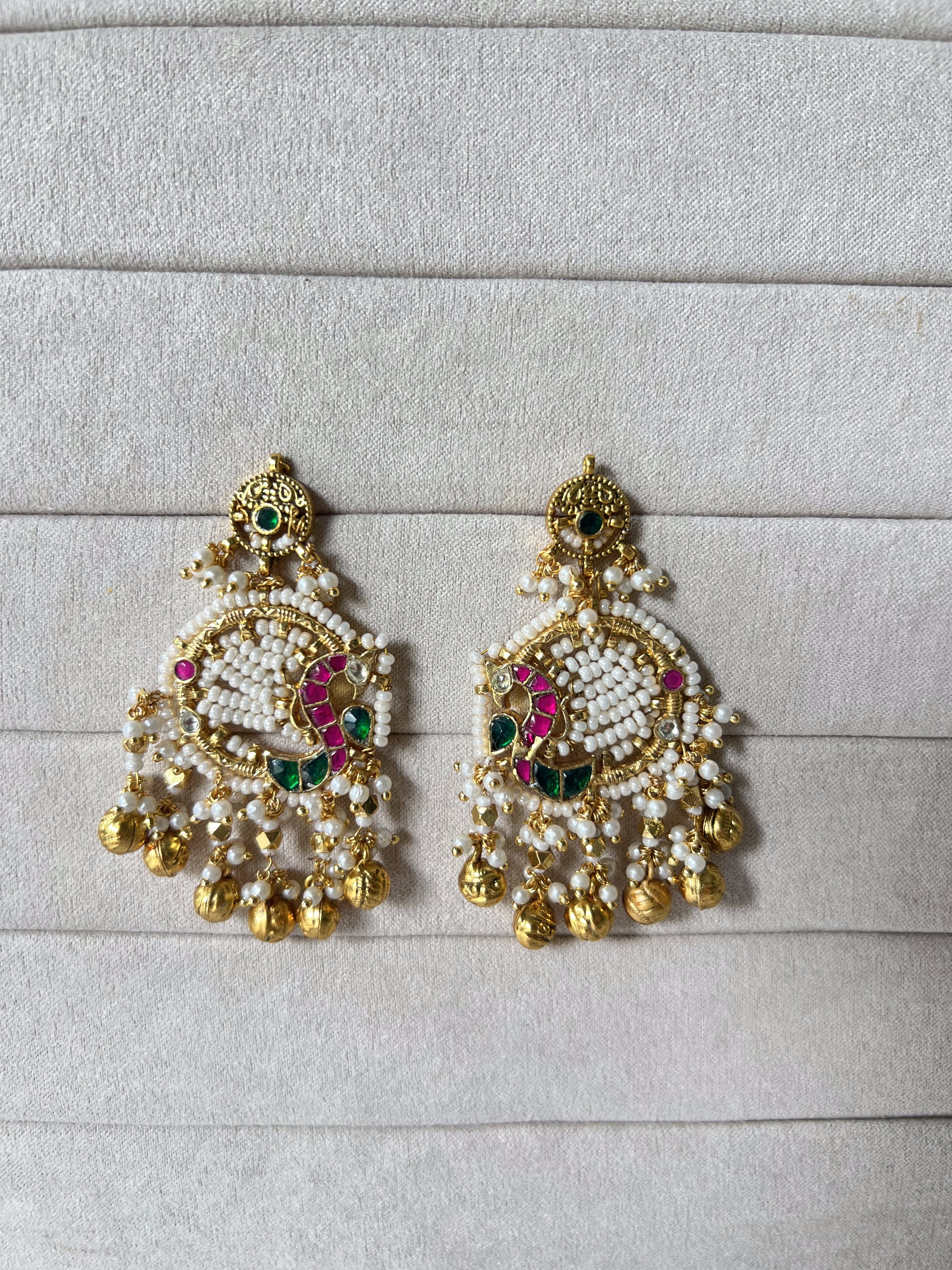 Peacock Kundan Chandbali Earrings | Pearl Beaded Gold Bell Drops