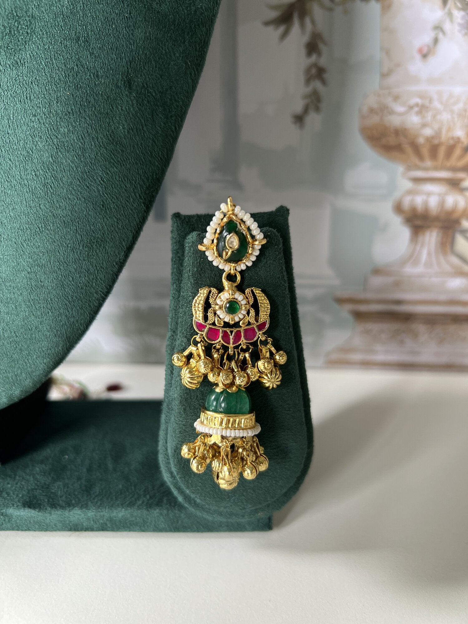 Antique Gold Peacock Bridal Necklace | Ruby-Emerald Kundan Jhumka Choker