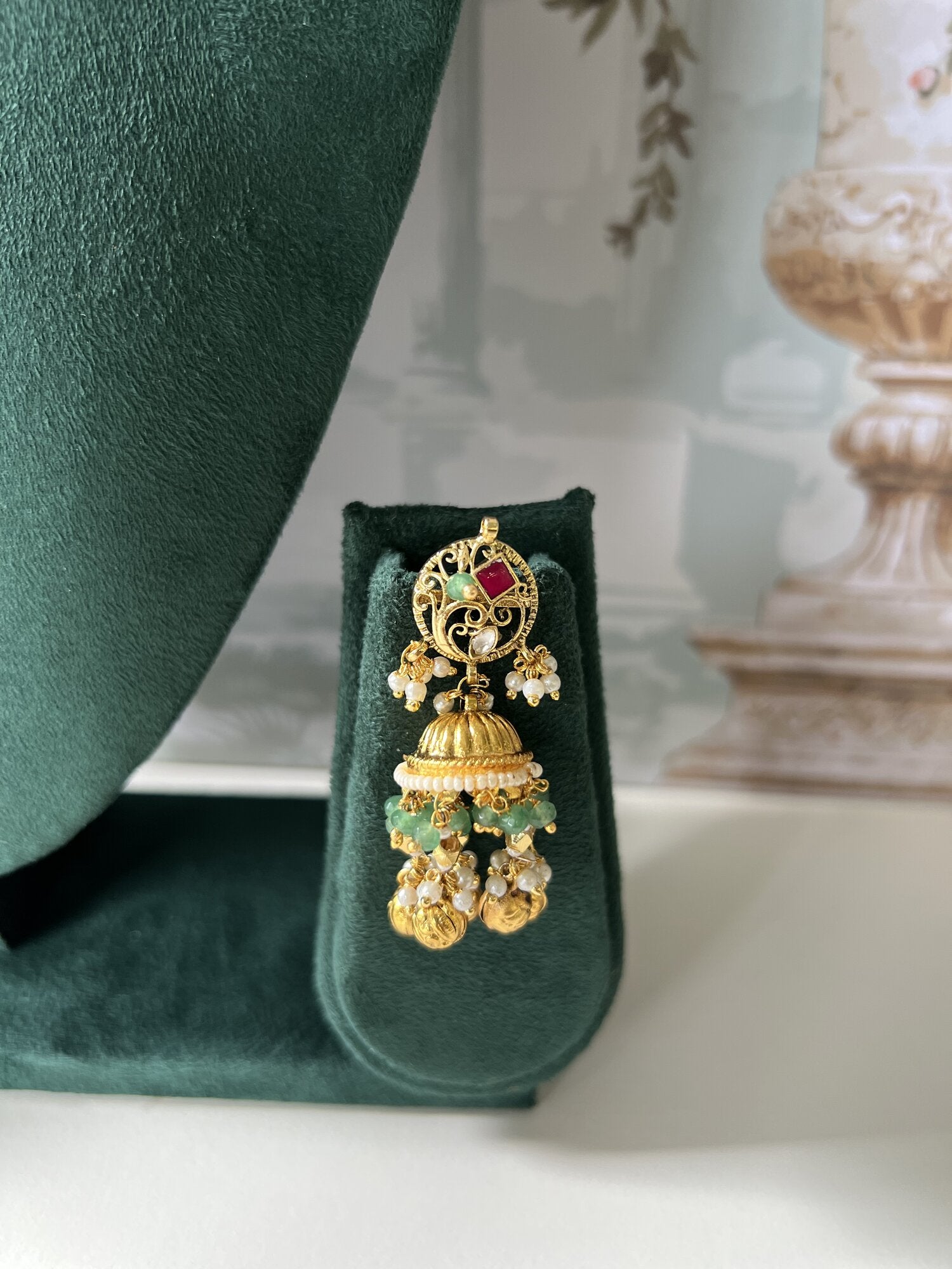 Antique Gold Kundan Pearl Choker Set | Ruby-Emerald Beaded Necklace & Jhumka Earrings