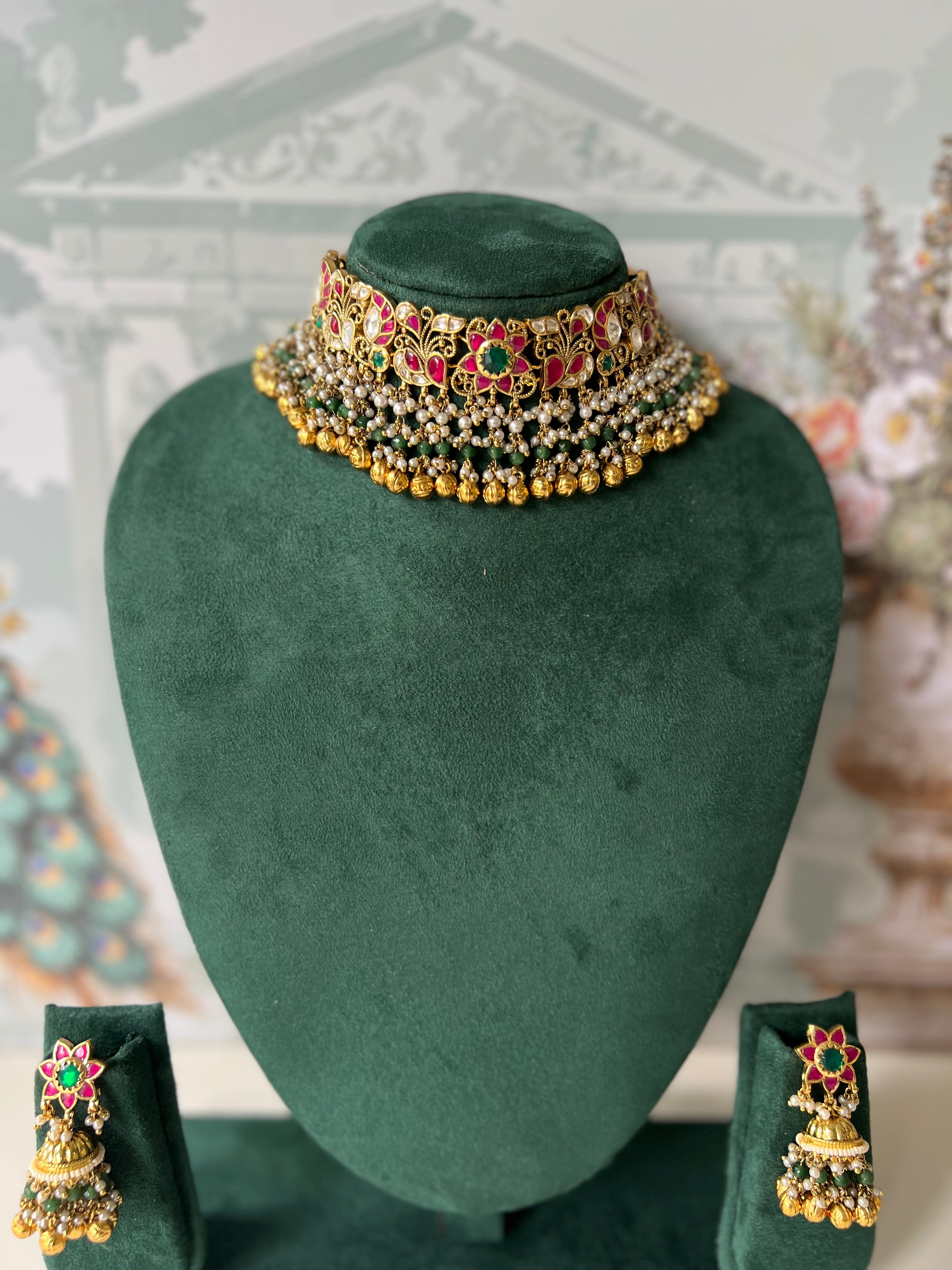 Kundan Choker Necklace Set with Jhumka Earrings – Antique Gold Finish | Available in Ruby-Emerald & Classic Gold