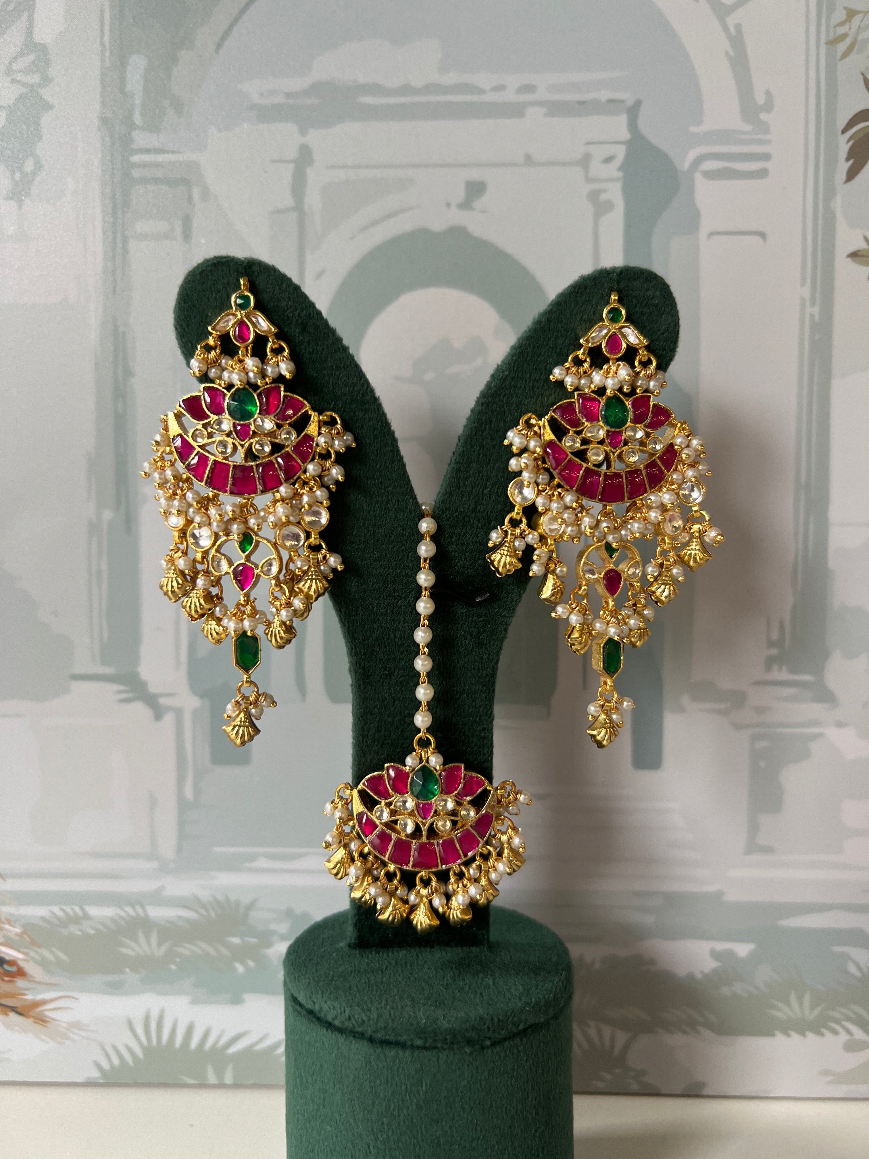 Ruby, Emerald & Pearl Earrings with Maang Tikka Set | Handcrafted Kundan Chandbali Design