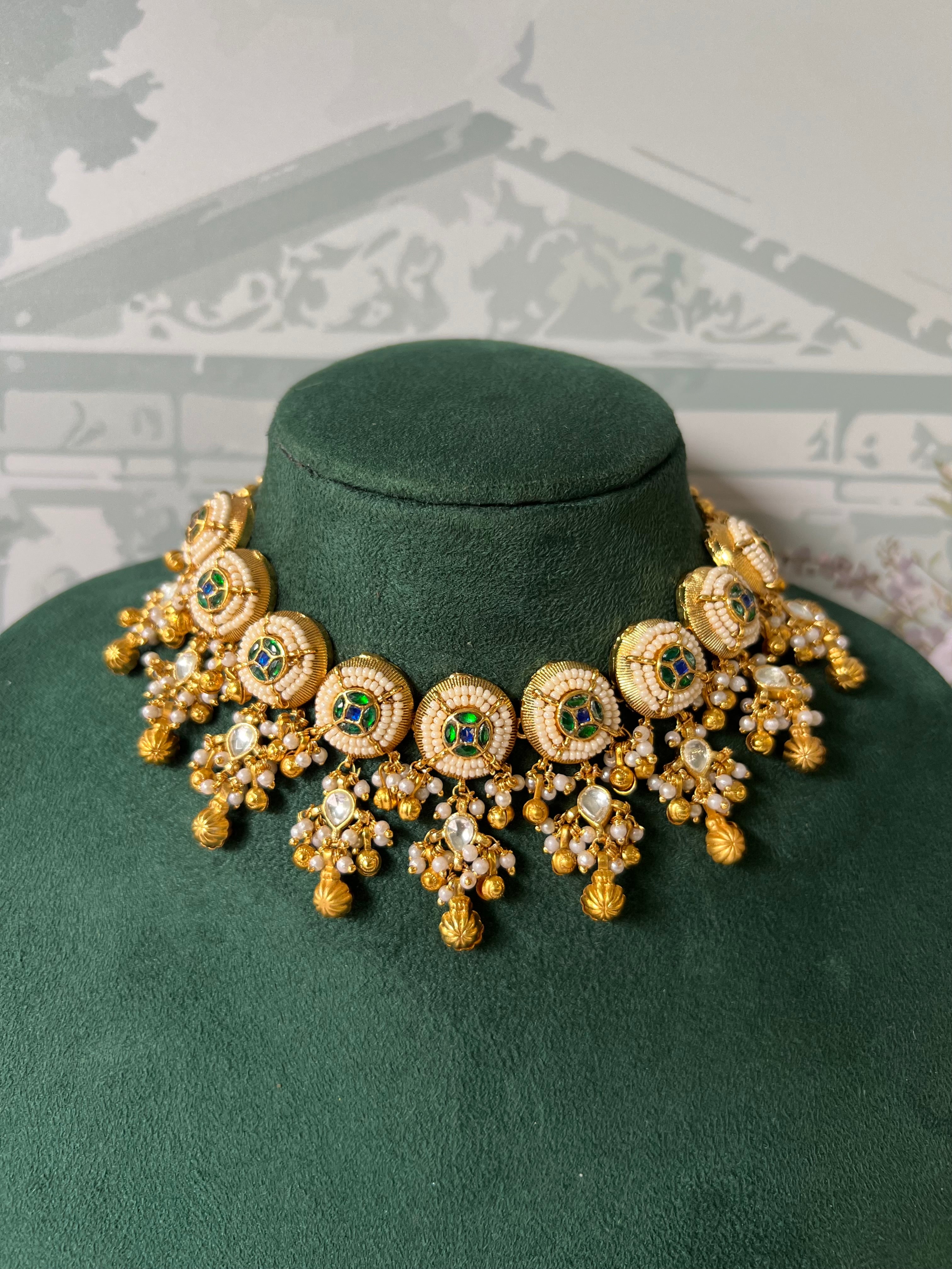Gold-Plated Pearl Beaded Choker Necklace with Earrings