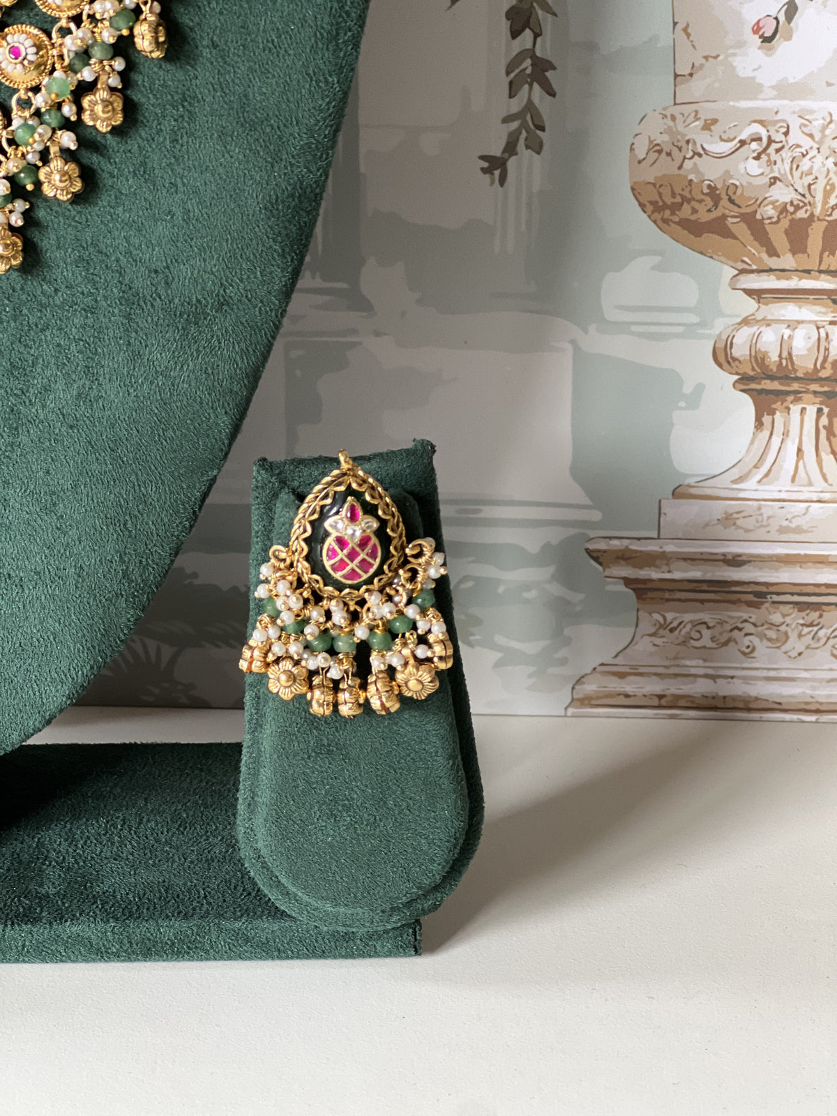 Ruby & Pearl Antique Gold Two-Layer Necklace Set | Jadau Discs & Earrings