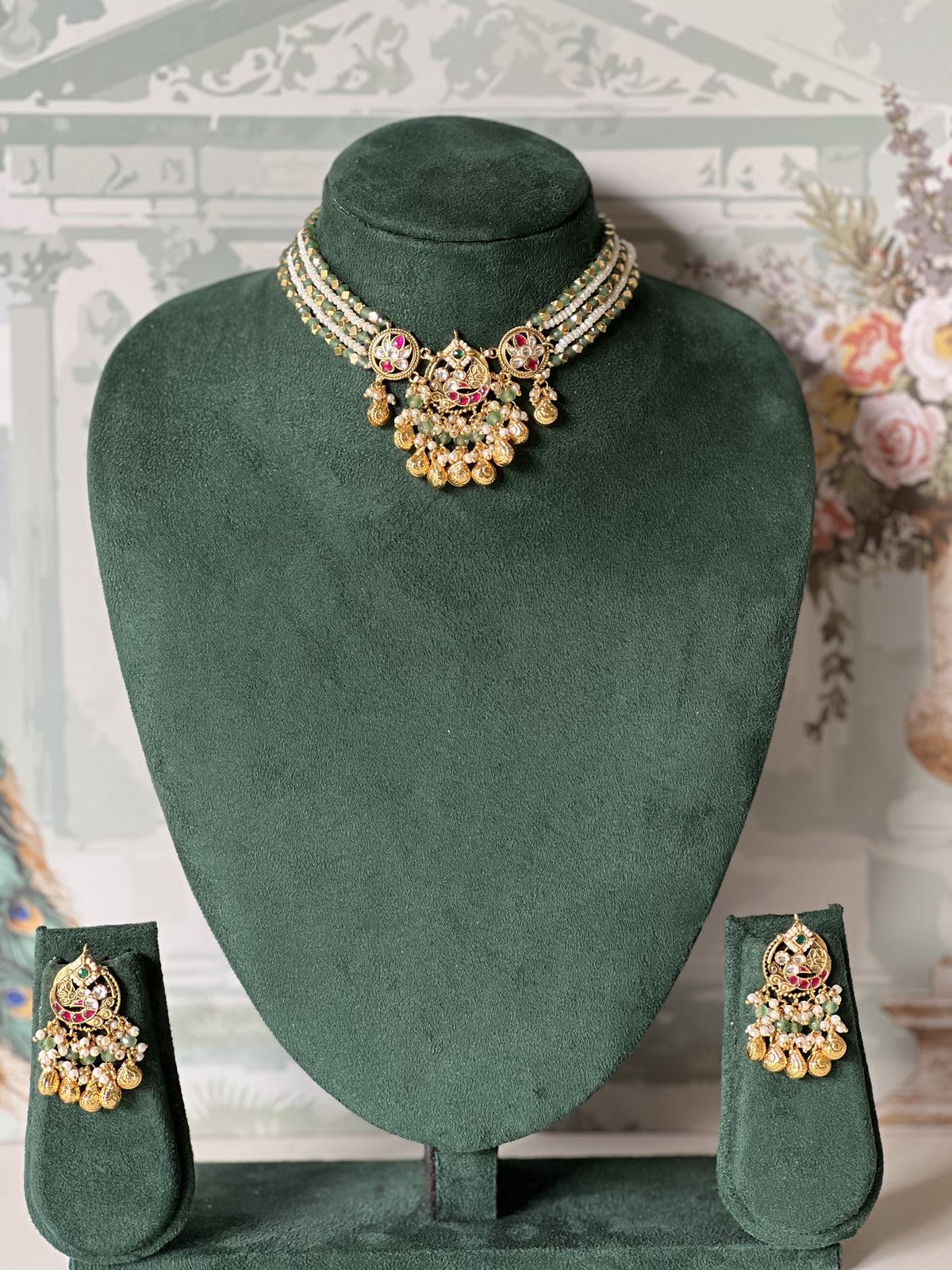 Green Bead & Pearl Jadau Kundan Choker Set | Gold Paisley Drop Fringe
