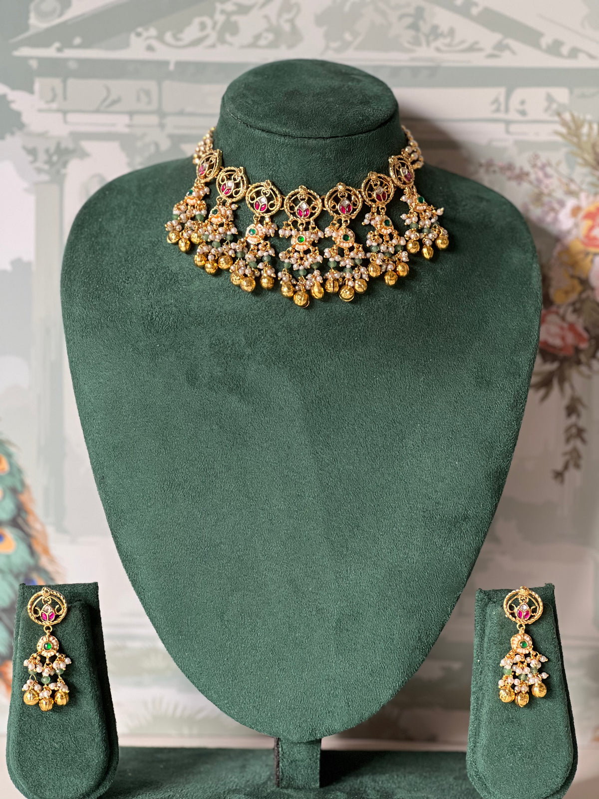 Ruby & Pearl Jadau Kundan Necklace Set & Earrings