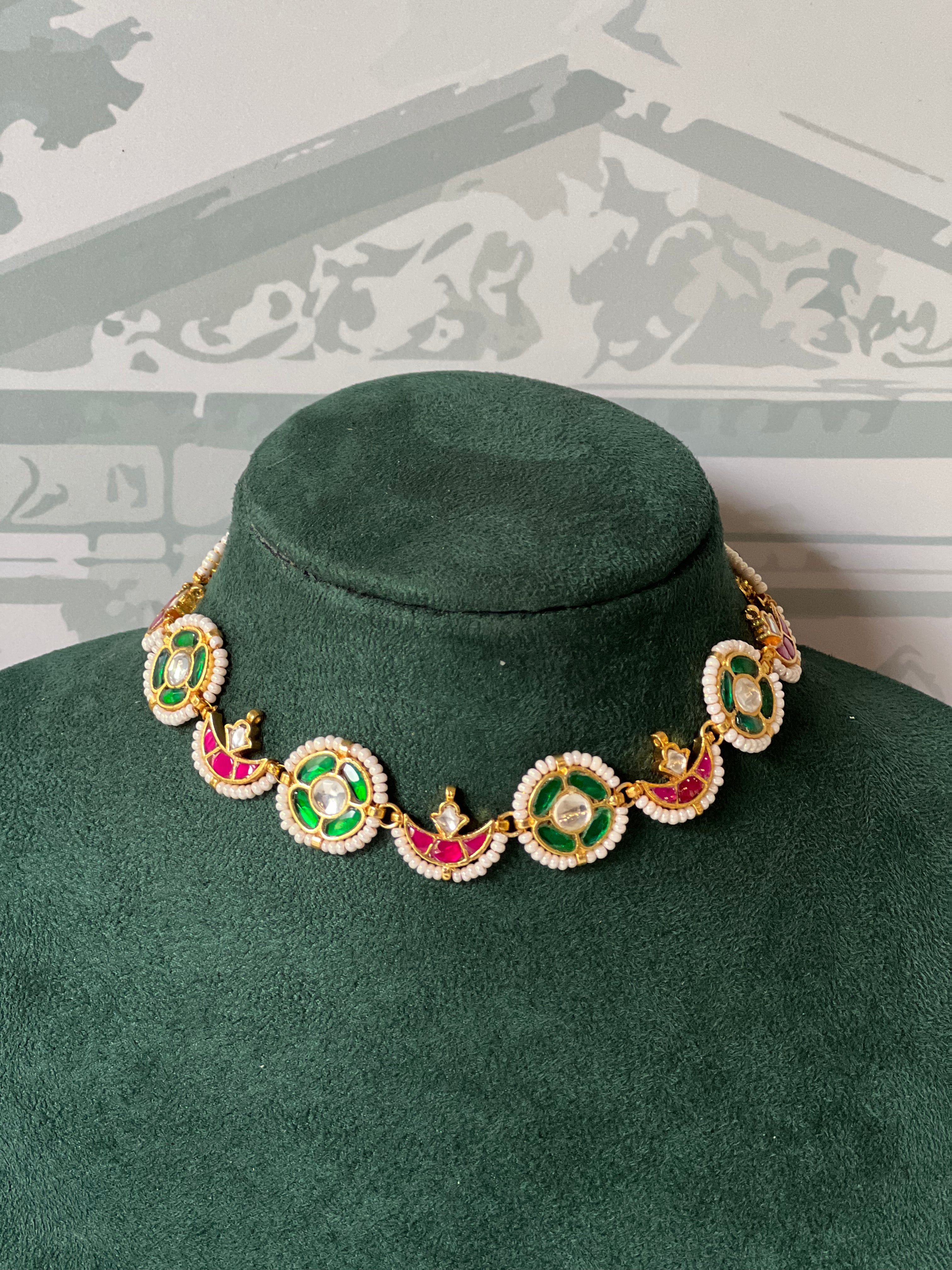 Green and Pink Kundan Choker | Flower and Crescent Links with Pearl Border