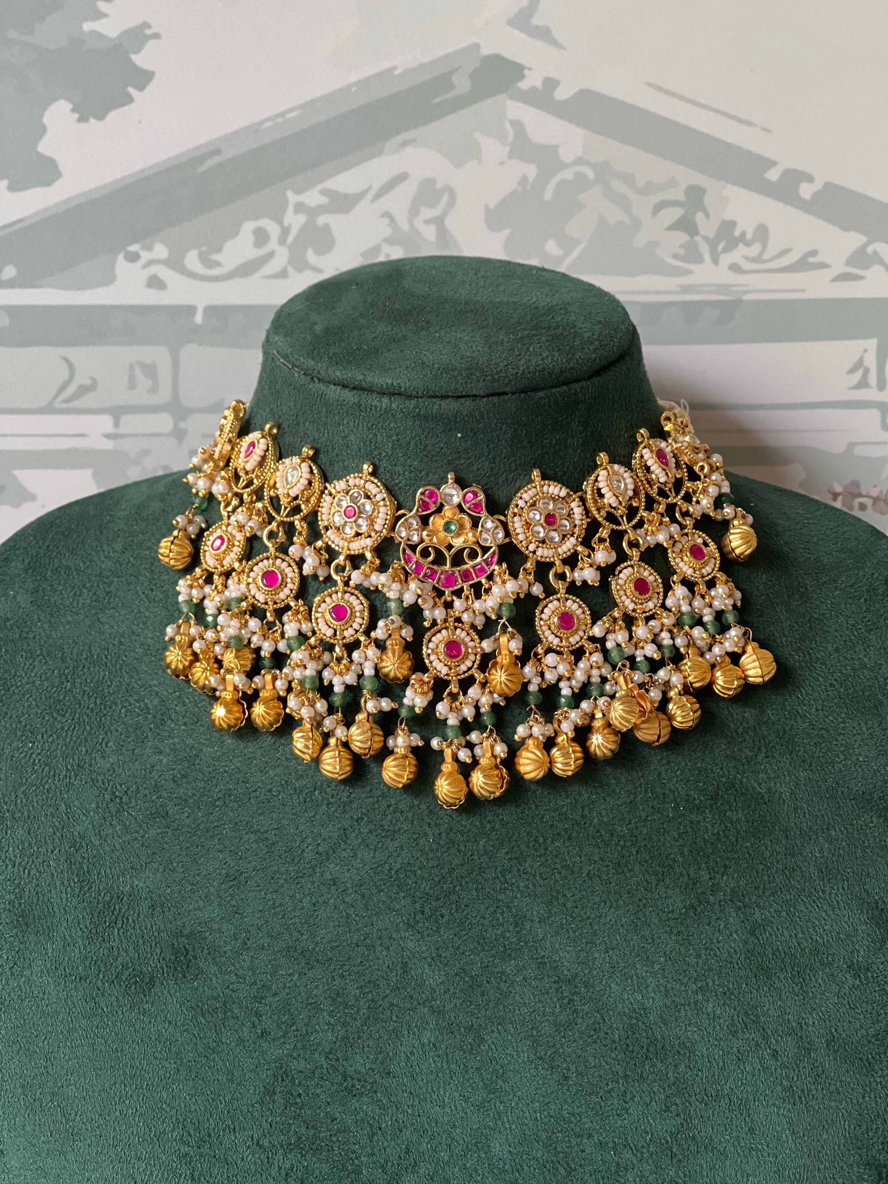 Antique Gold Kundan Choker Set with Ruby Pink Stones & Jhumkas