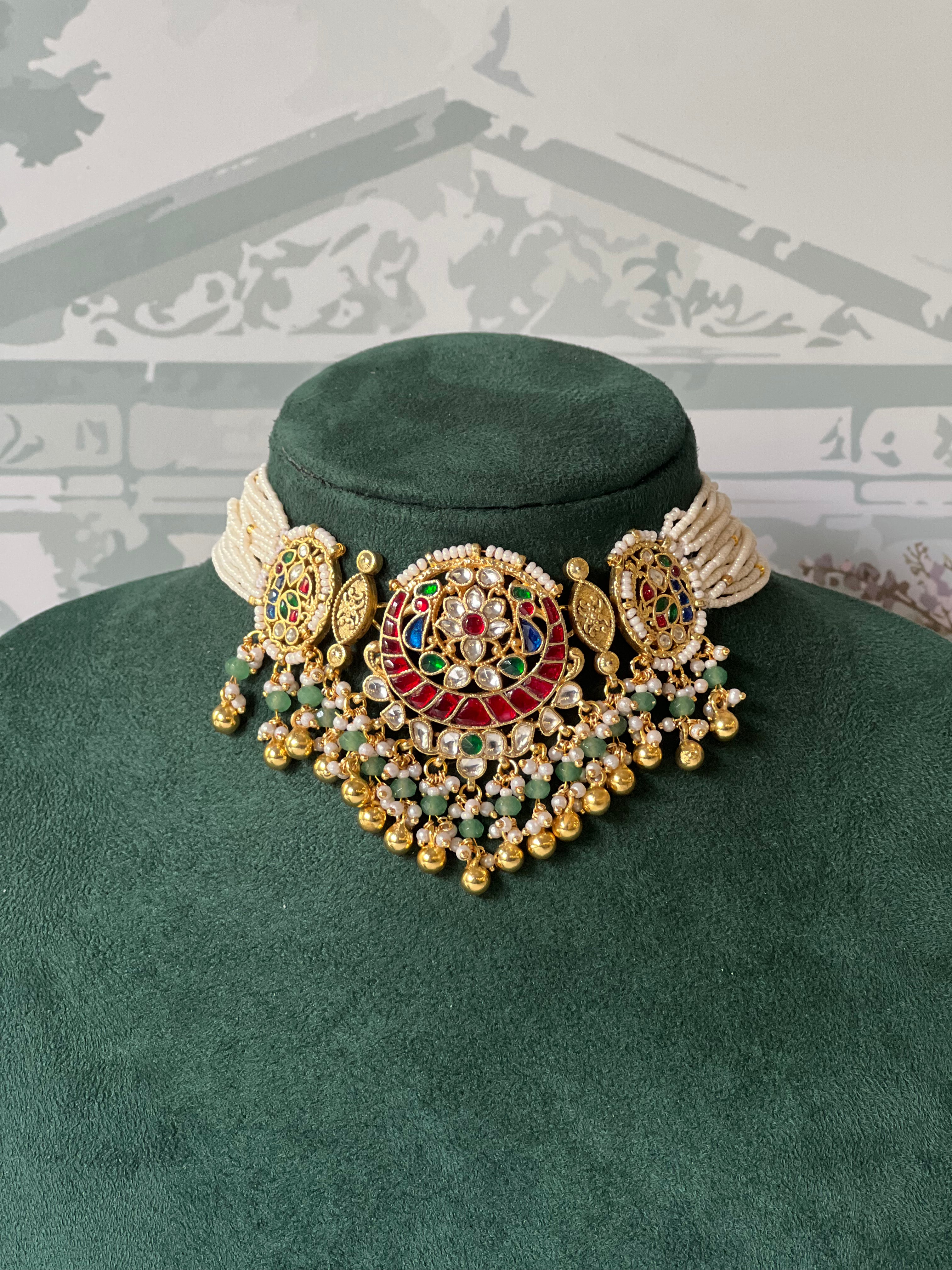 Red and Multicolour Kundan Choker Set | Pearl Strand Choker with Earrings
