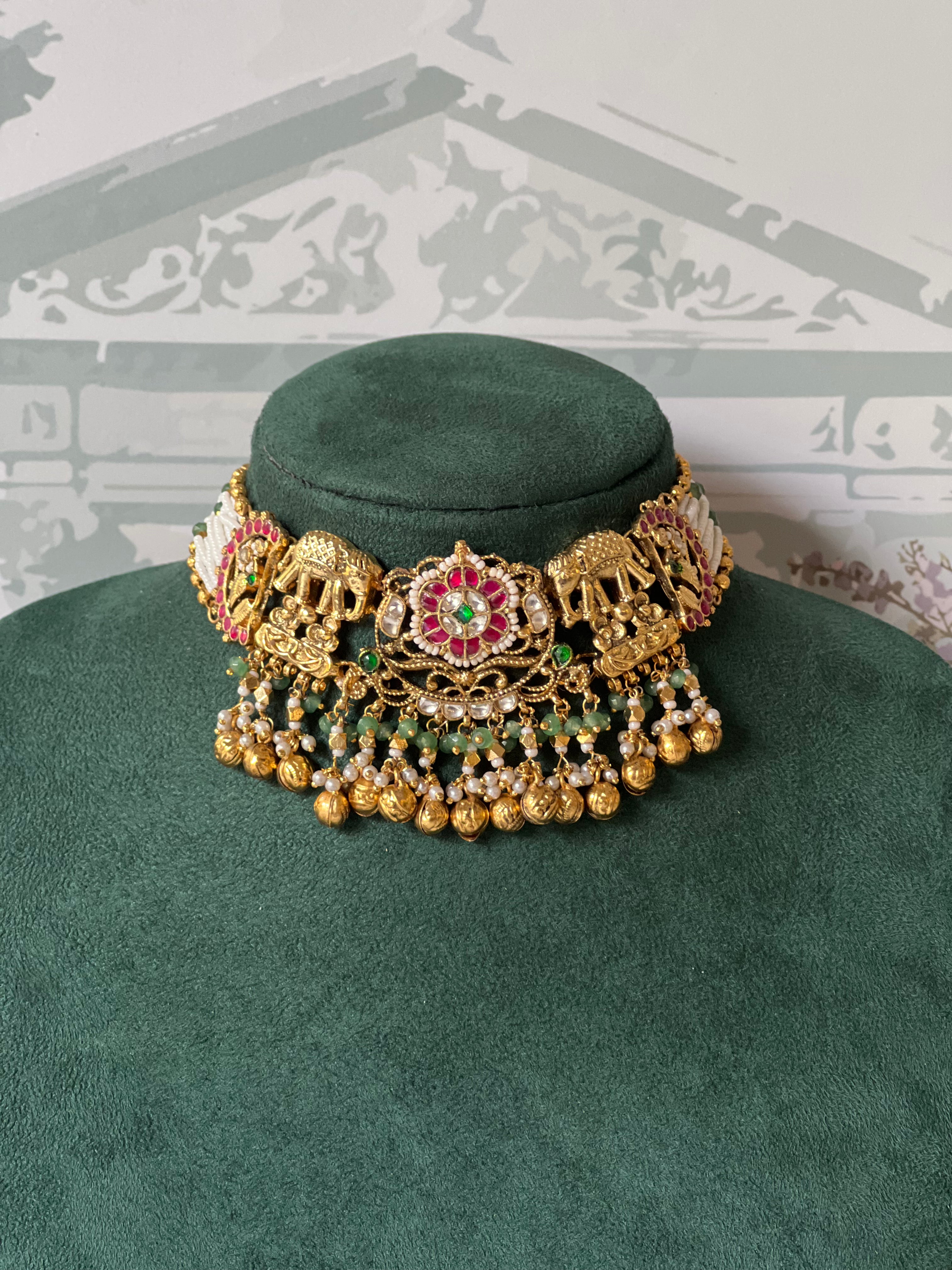 Antique Gold Temple Choker Set with Green Beads & Jhumkas