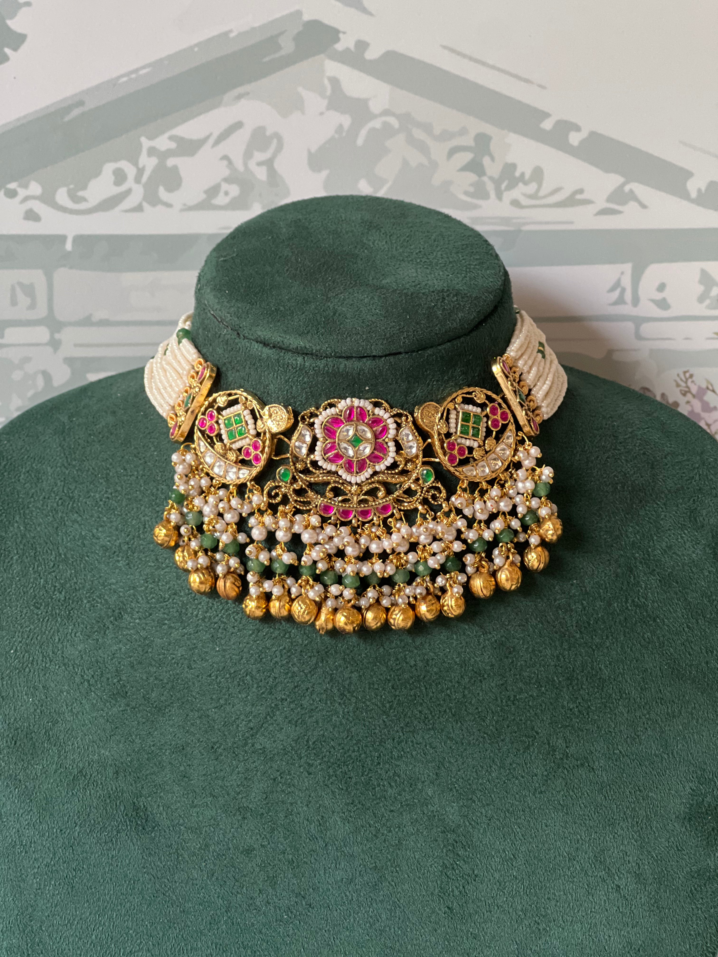 Rani Pink Kundan Choker Set | Antique Gold Pearl Choker with Jhumkas