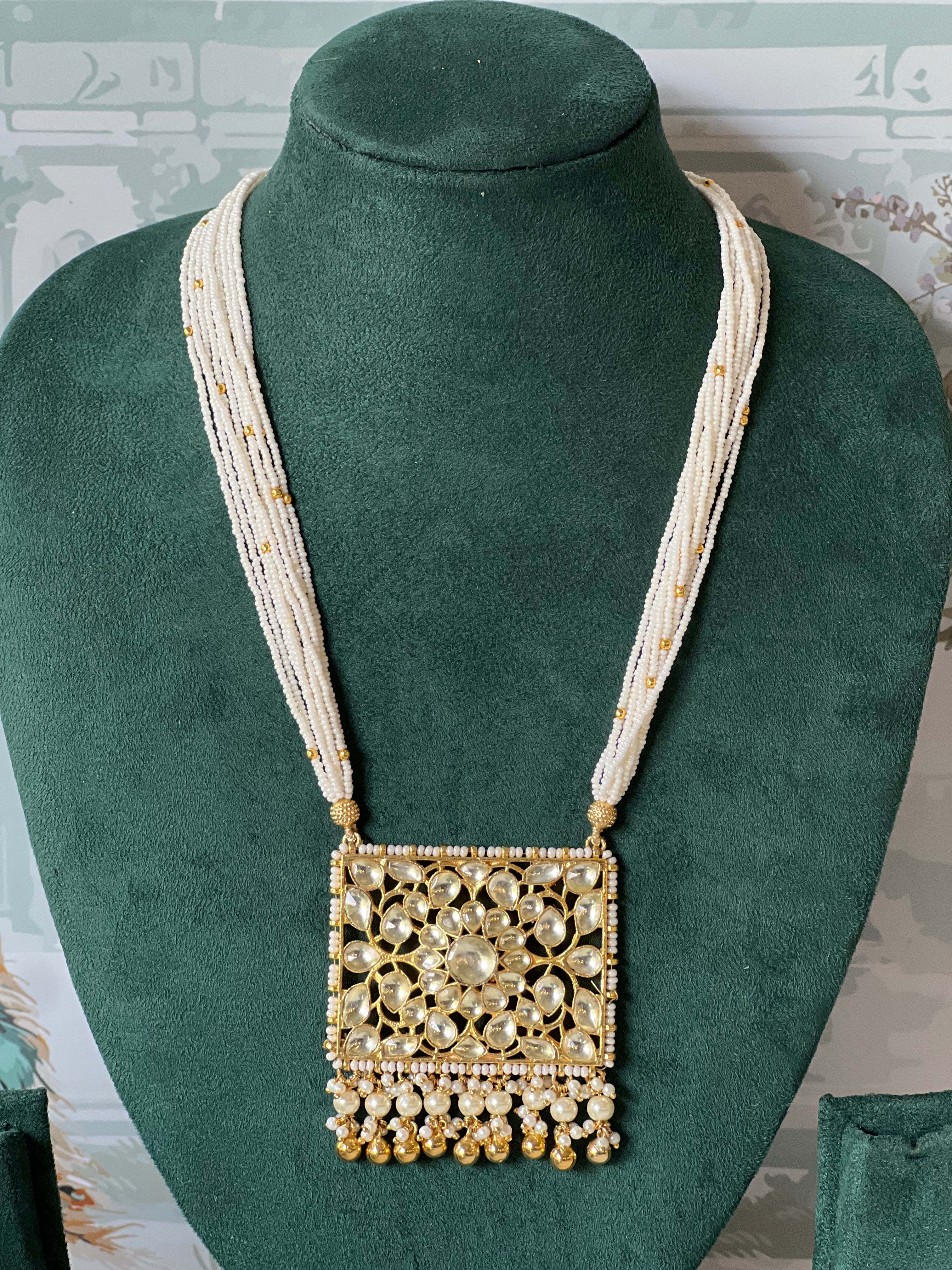 Kundan Square Pendant Pearl Necklace Set | Jadau Panel & Floral Studs