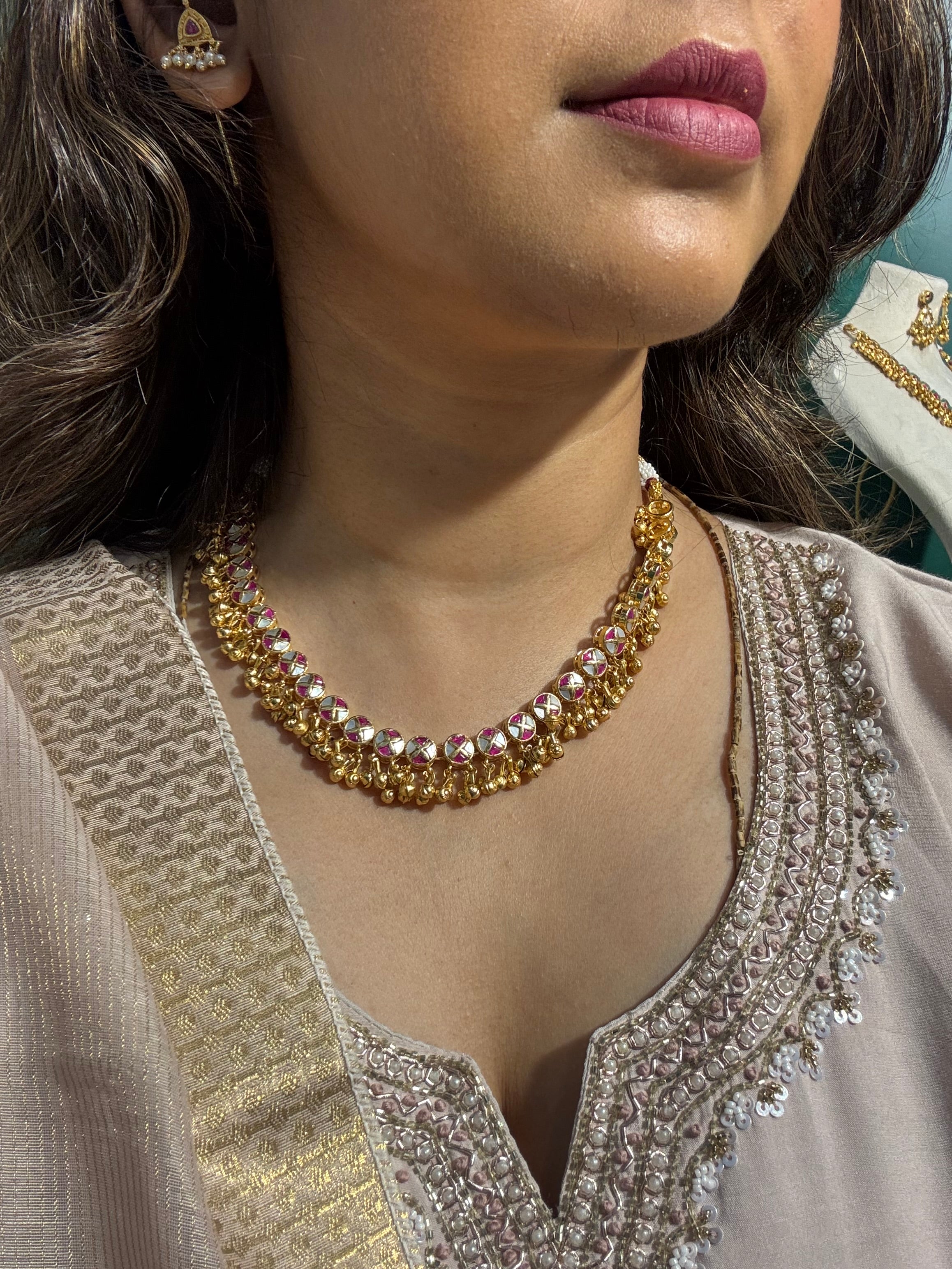Gold-Plated Kundan Choker Necklace with Gold Bead Fringe Detailing