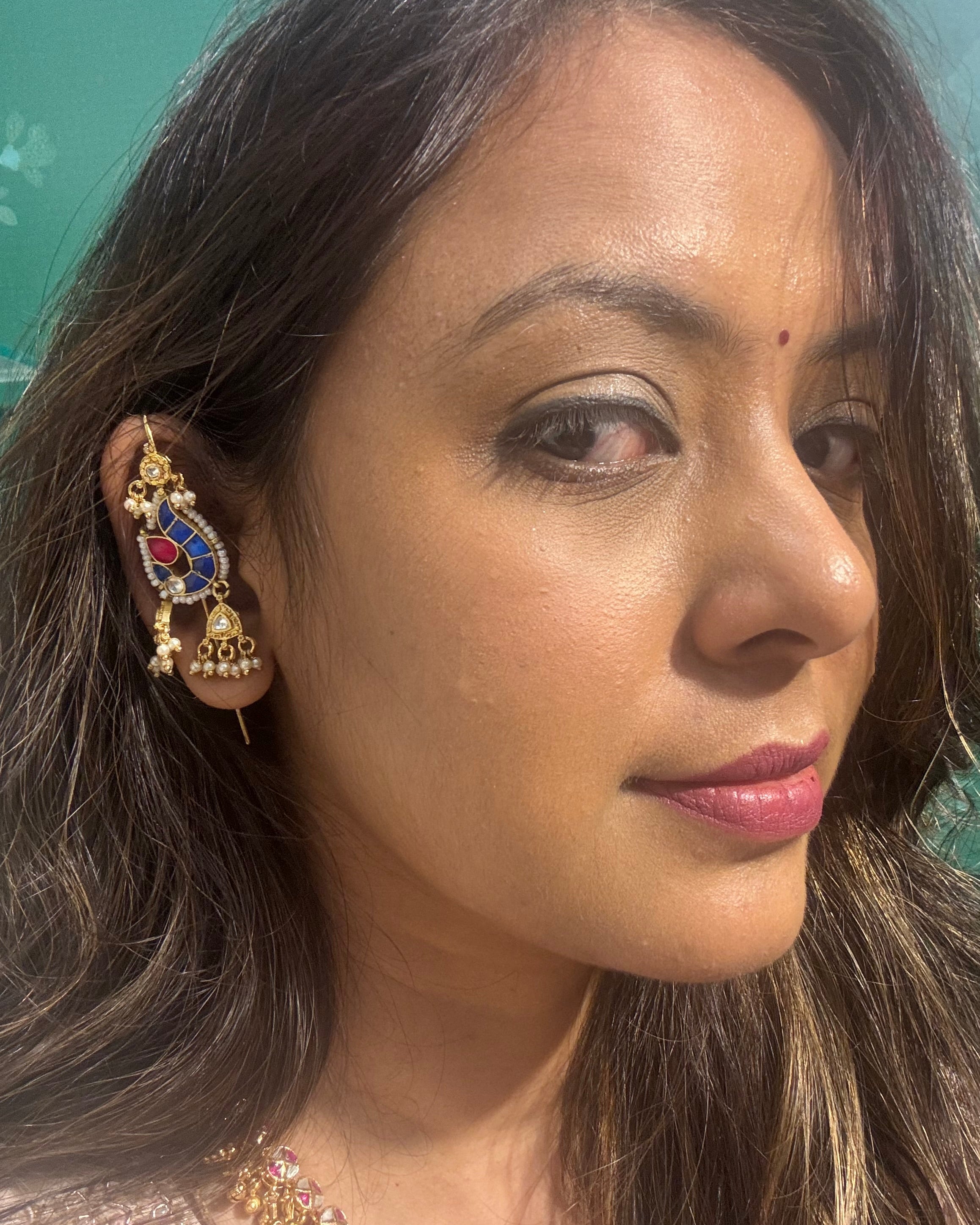 Peacock Design Gold-Plated Ear Cuff with Pearl Jhumka Drop