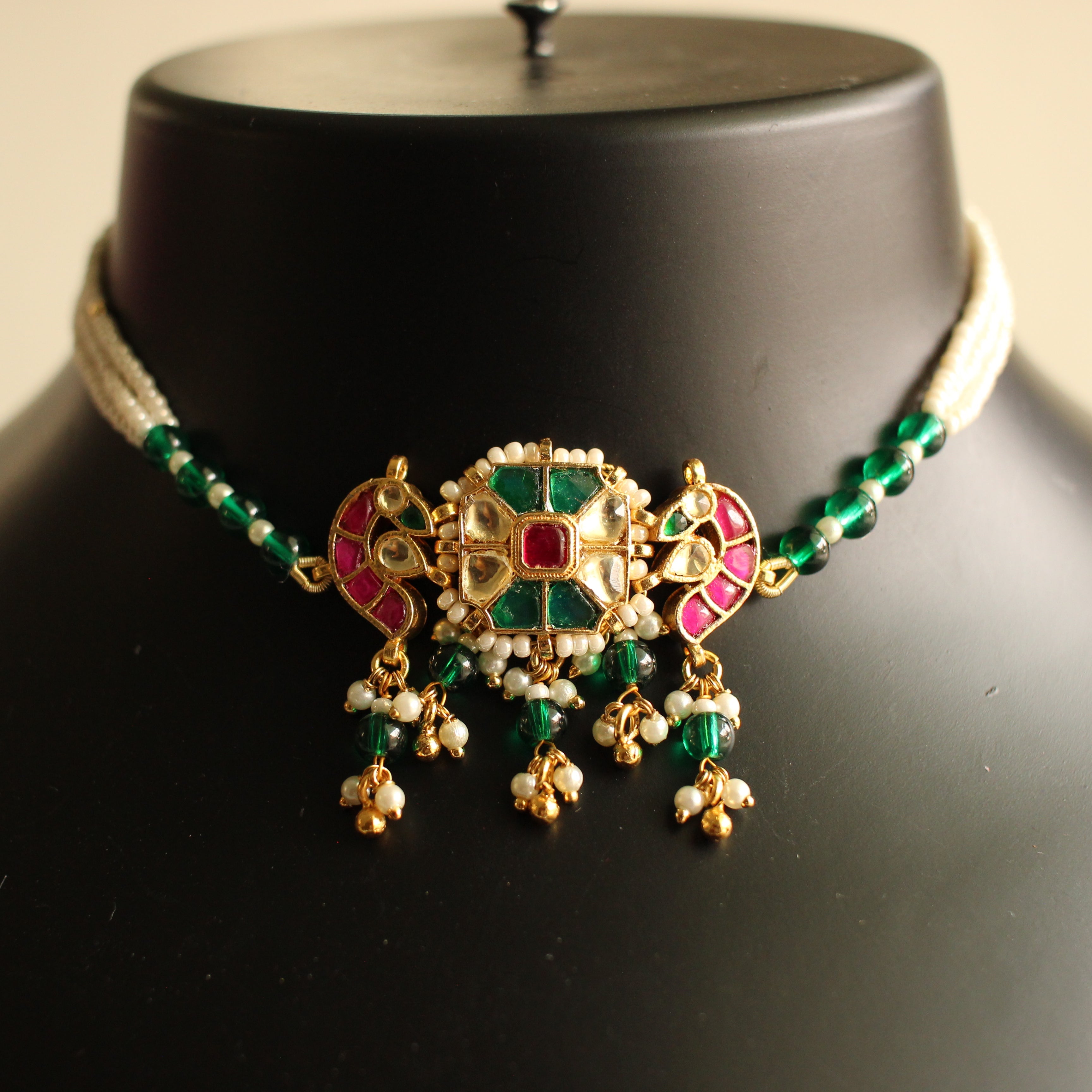 Anaisha Heritage Choker Set — Pearl & Emerald Strand with Kundan Pendant