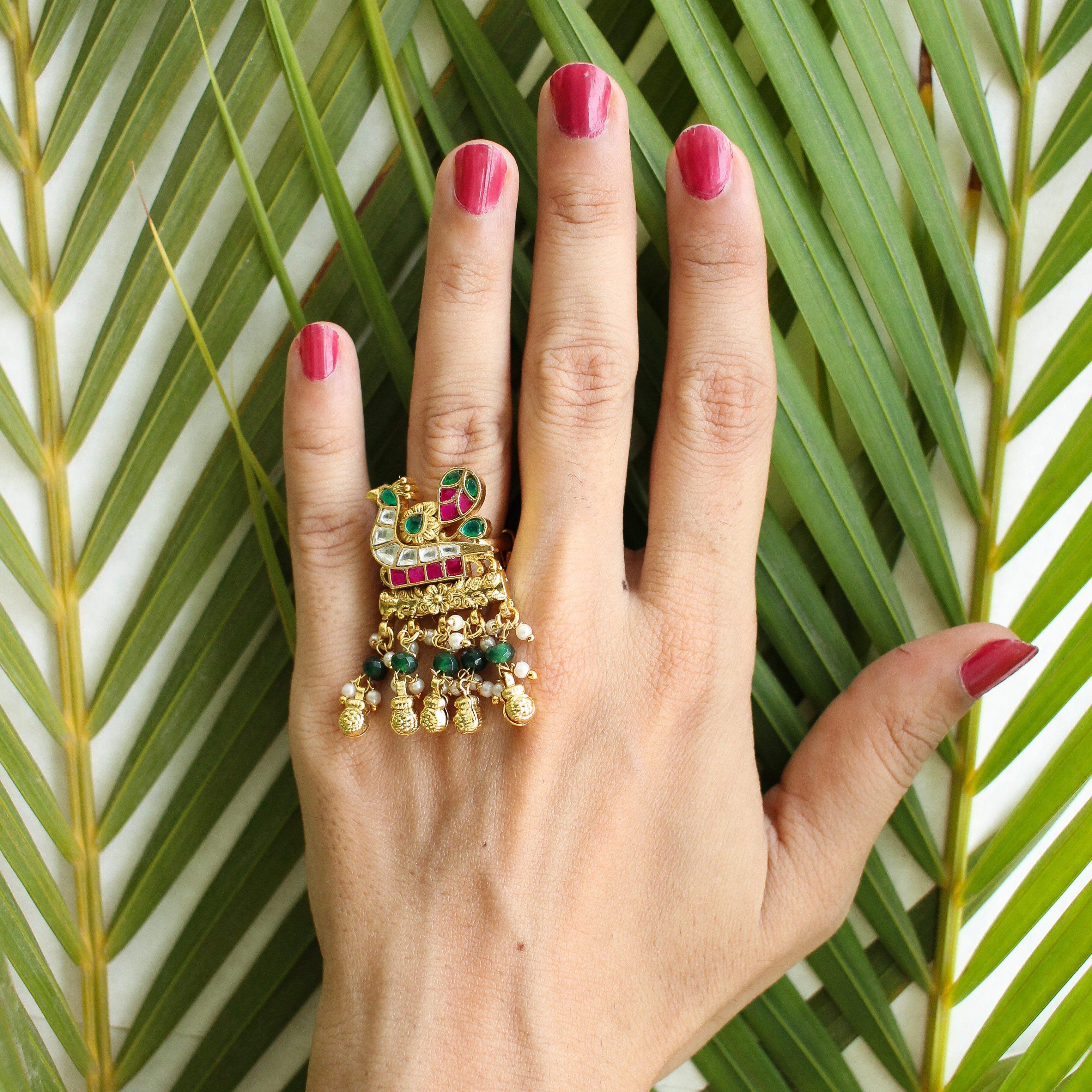 Peacock Kundan Jhumka Ring | Gold-Toned Beaded Tassel Statement Ring
