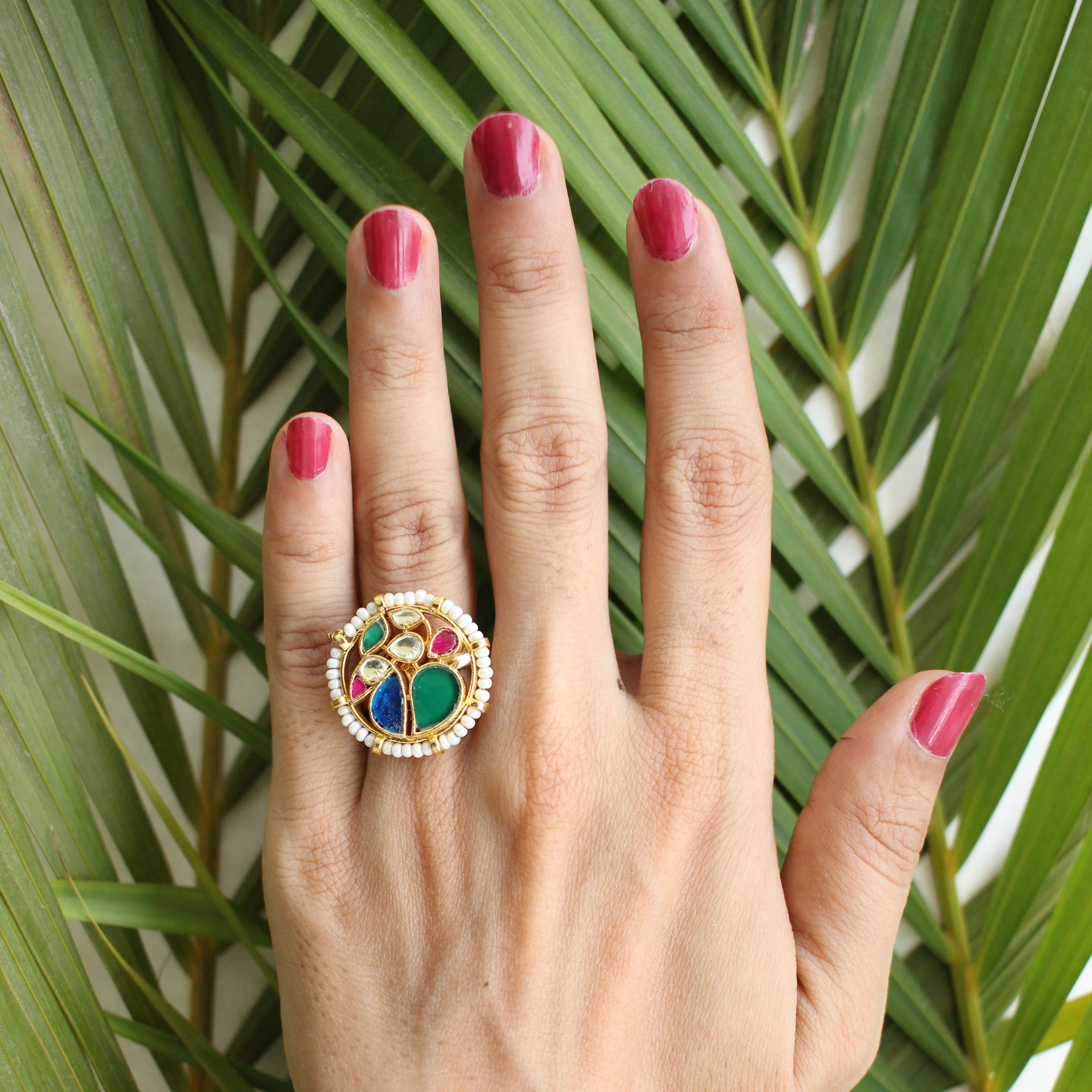 Multicolor Kundan Mosaic Ring | Gold-Toned Abstract Gemstone Ring