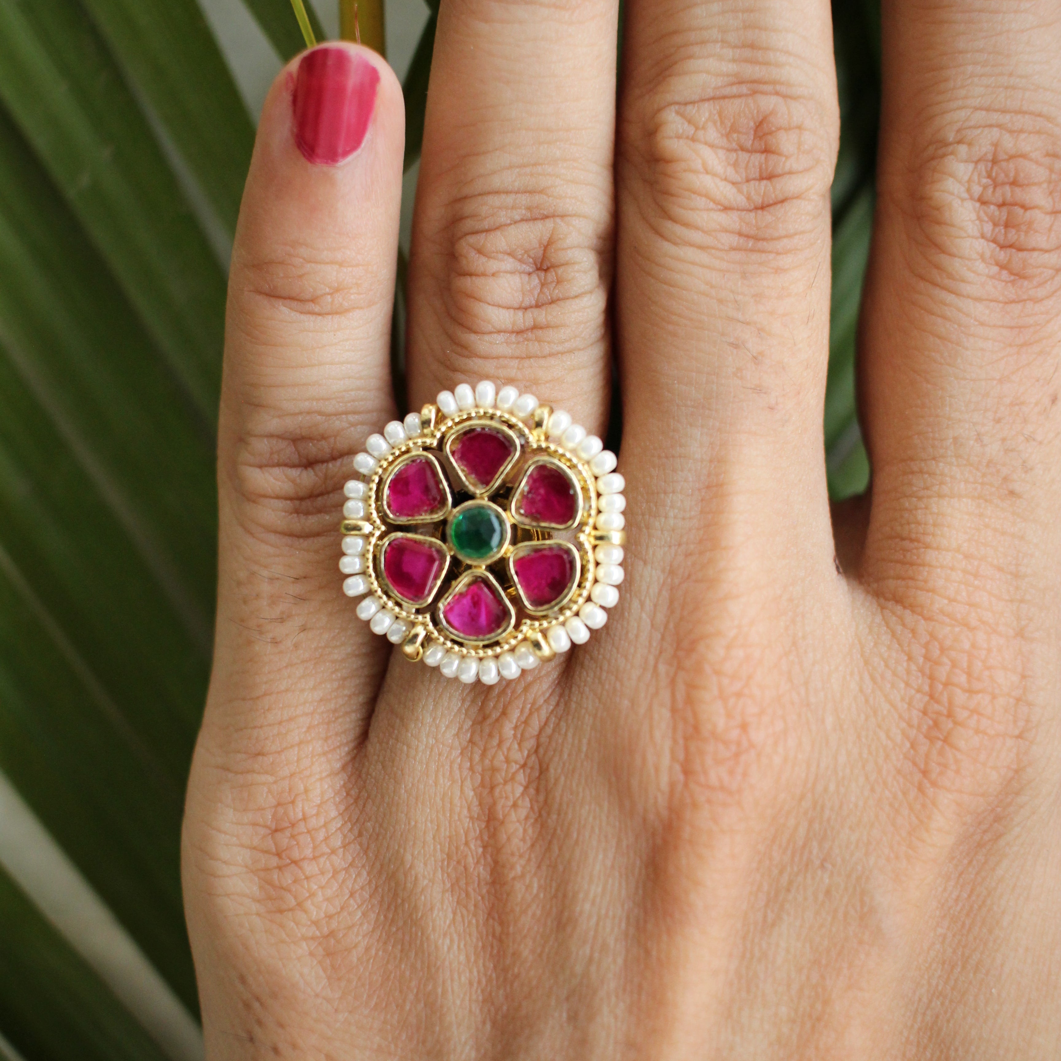 Kundan Floral Ruby Ring | Gold-Toned Pearl Border Statement Ring