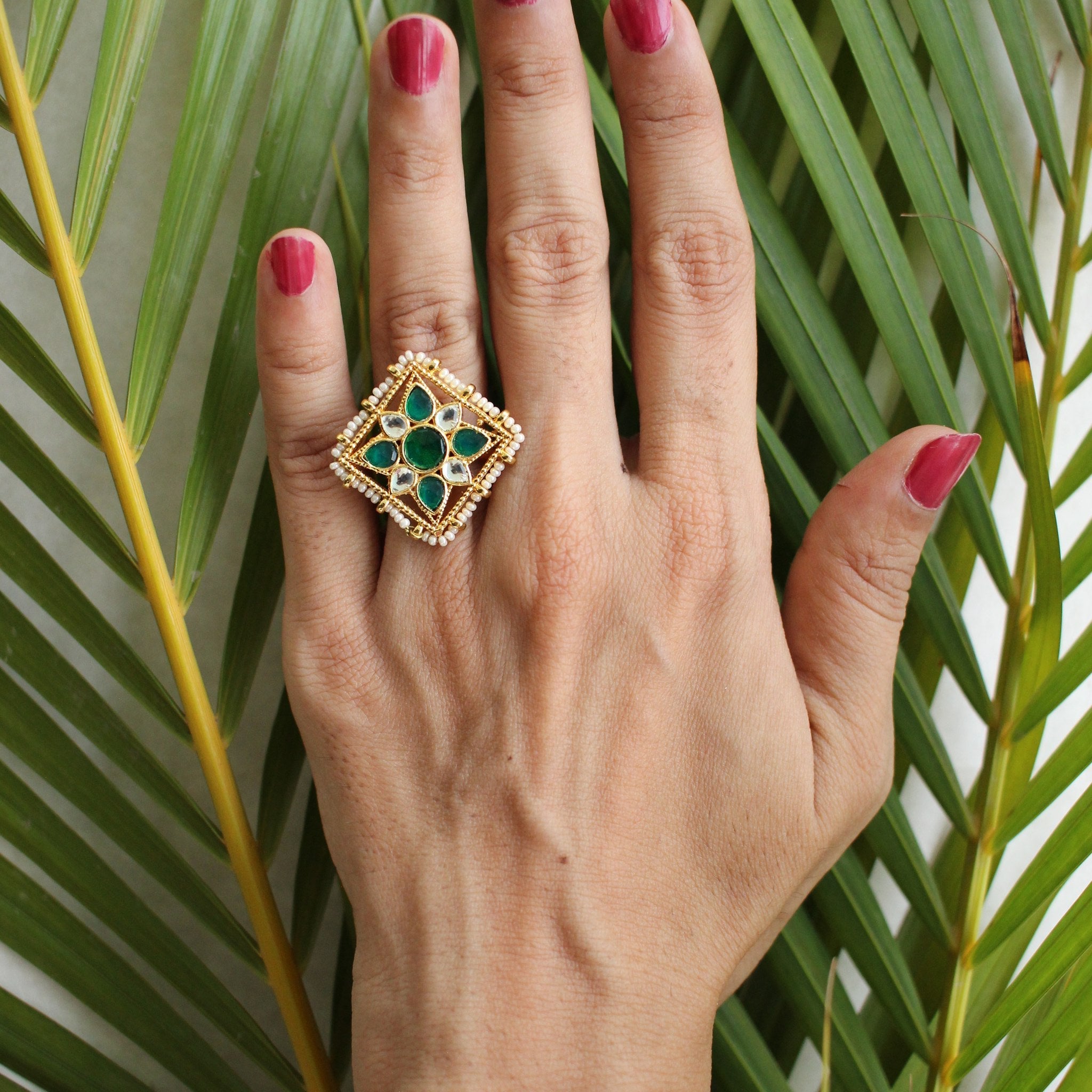 Kiara Jadau Kundan Pearl Ring in Emerald