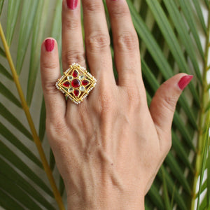 Kiara Jadau Kundan Pearl Ring in Red