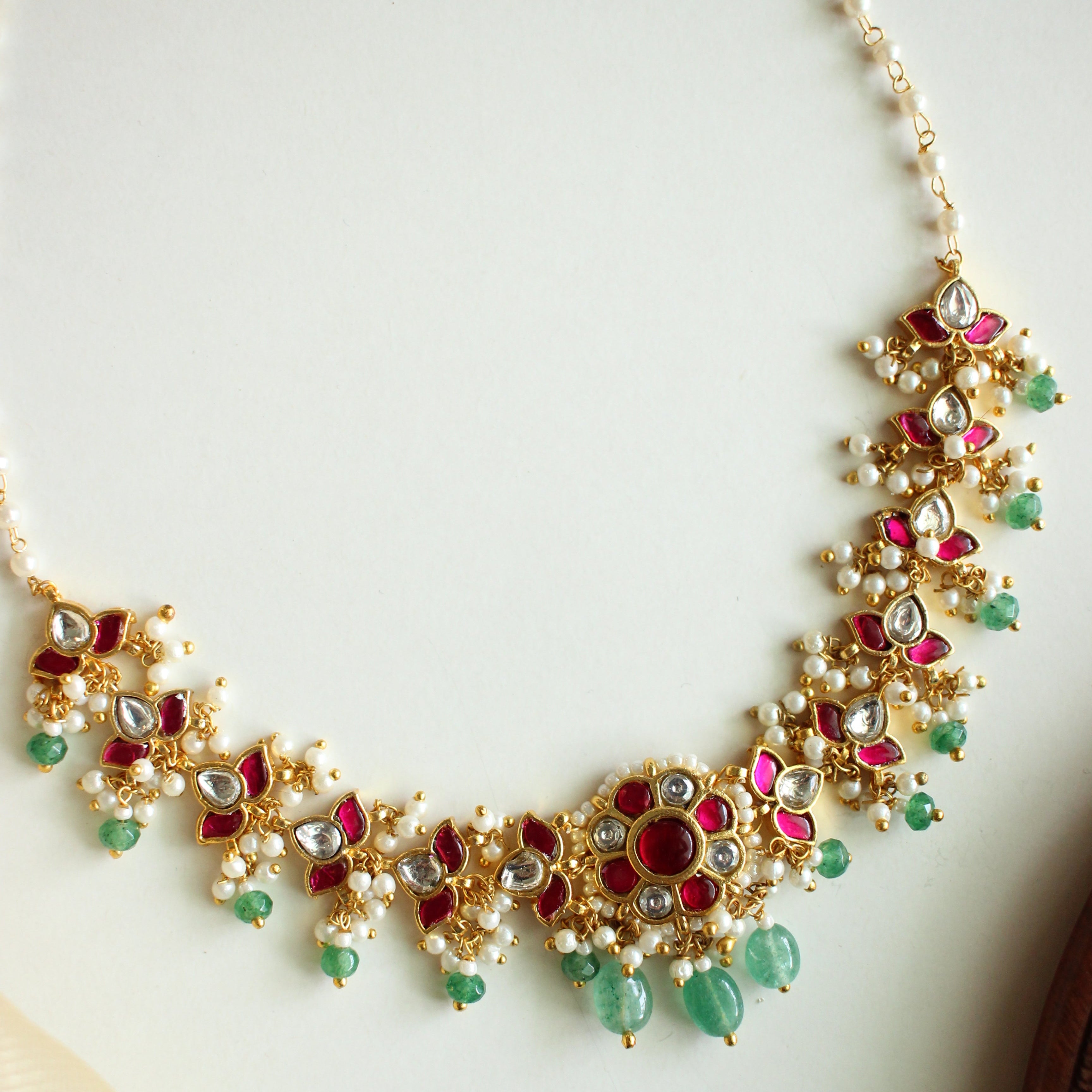 Meher Necklace Set with Pearl Chain & Emerald Drops