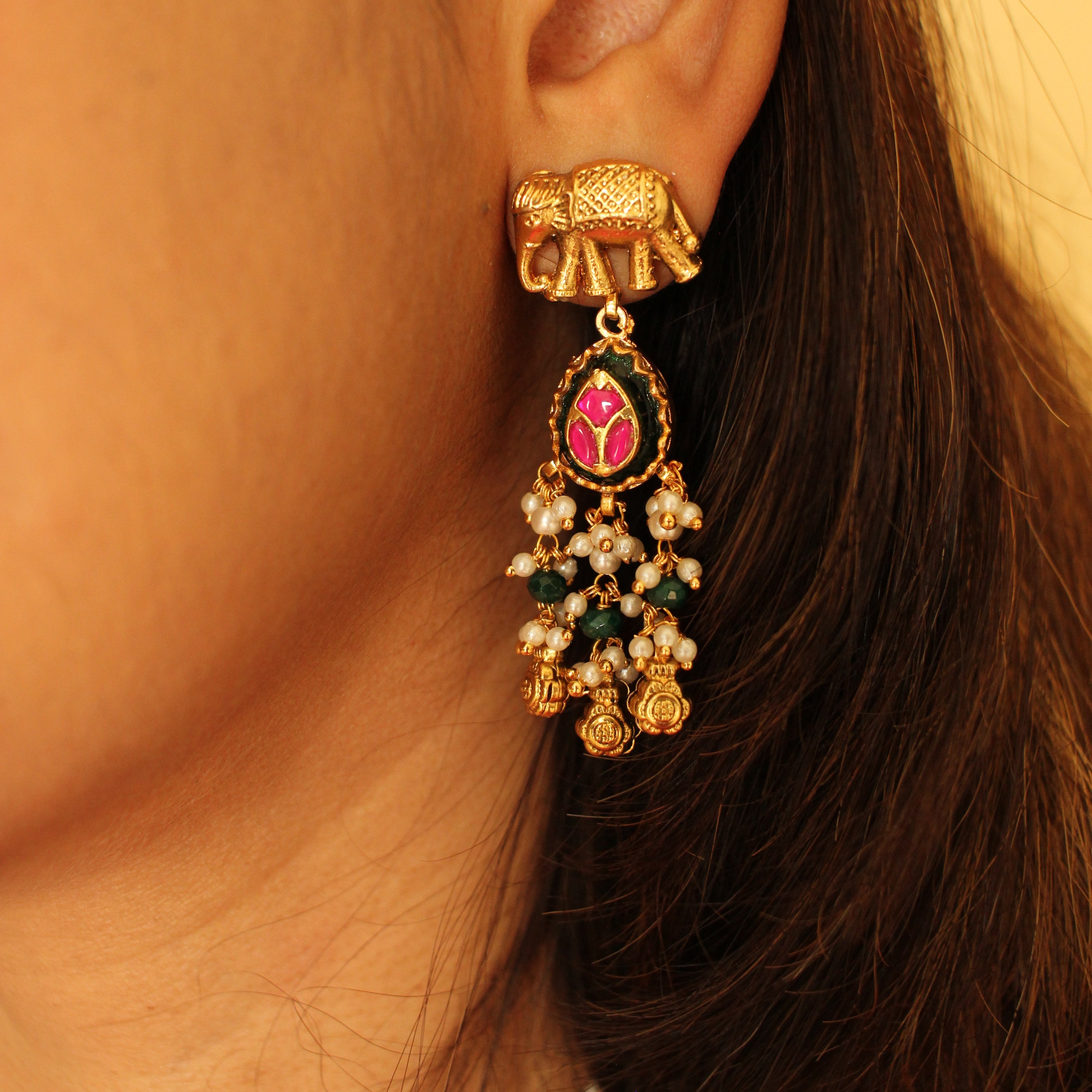 Antique Gold Elephant Stud Necklace & Earrings Set with Pearl Drops